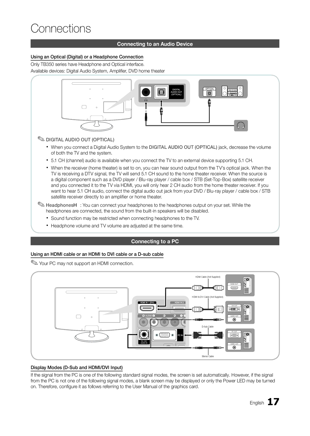 Samsung T22B350ND Connecting to an Audio Device, Connecting to a PC, Display Modes D-Sub and HDMI/DVI Input English 