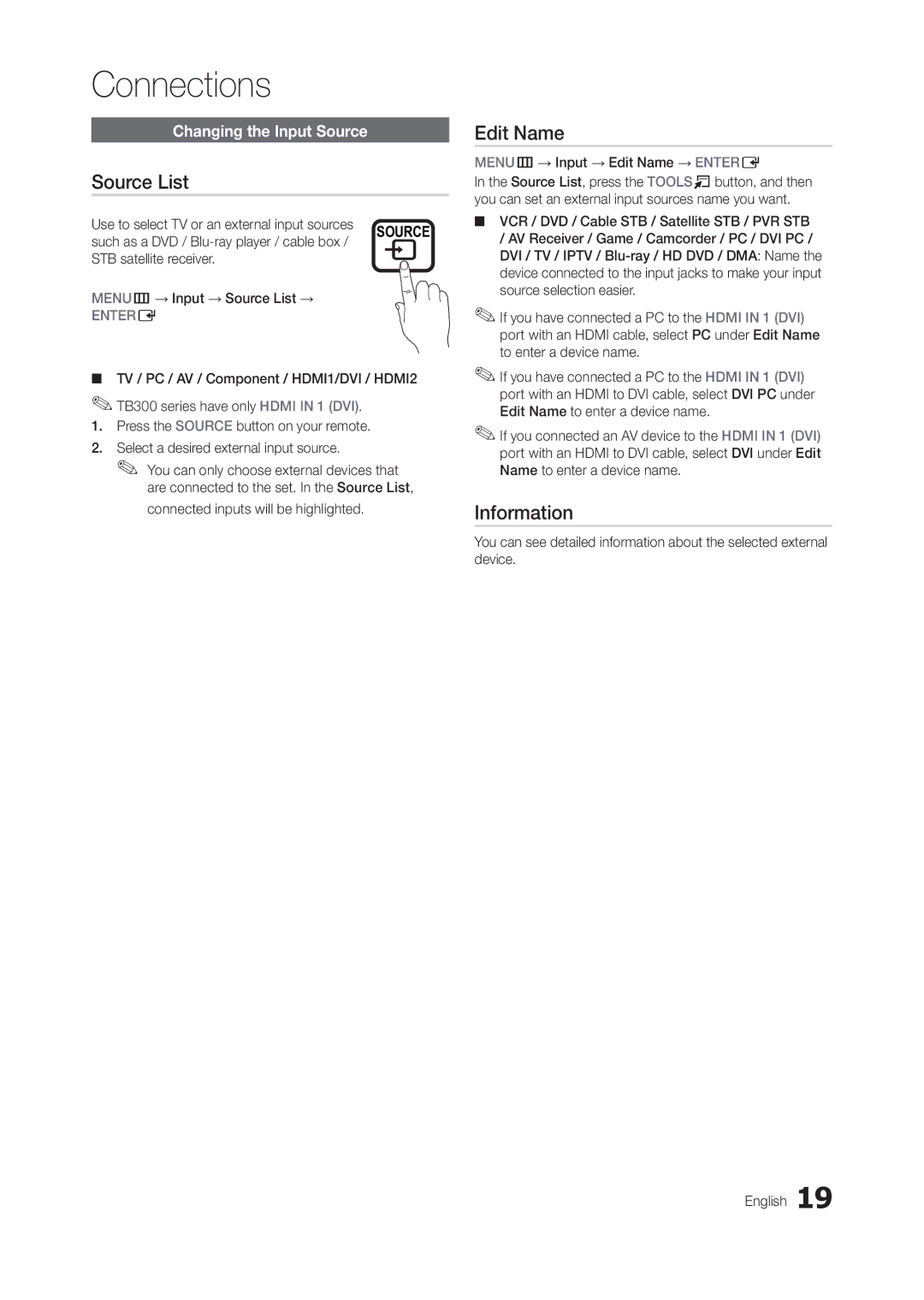 Samsung LT22B350ND/ZA, LT27B350NDZA, T24B350ND user manual Source List, Edit Name, Information, Changing the Input Source 