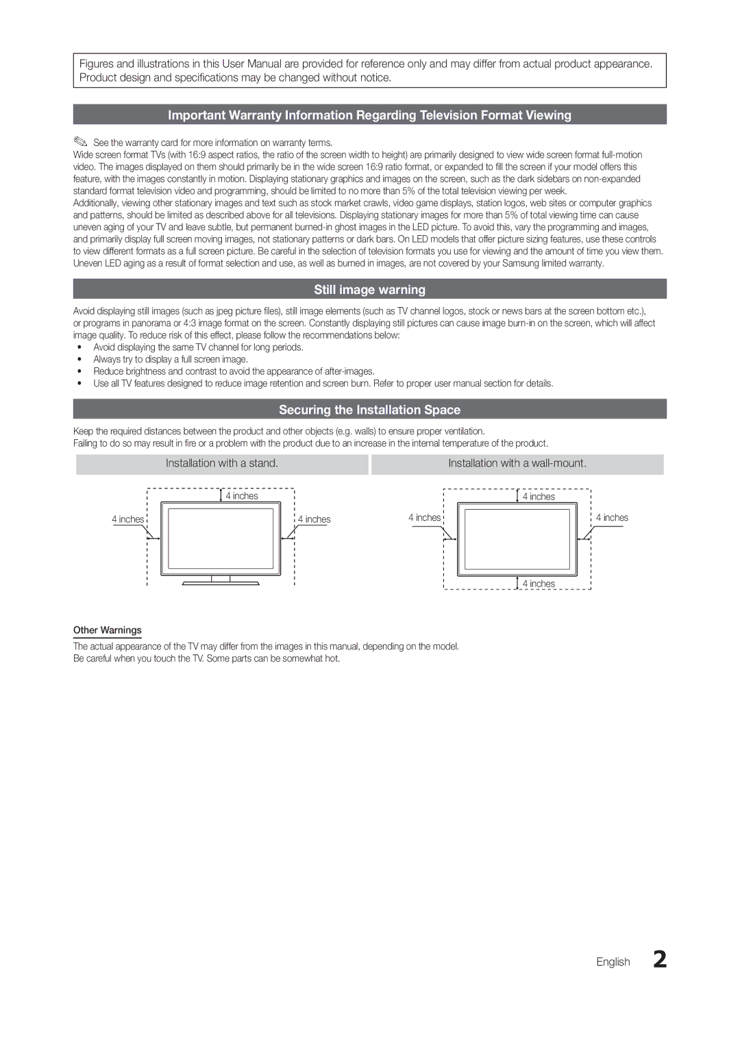 Samsung LT27B350NDZA, LT22B350ND/ZA, T24B350ND user manual Still image warning, Securing the Installation Space, English 