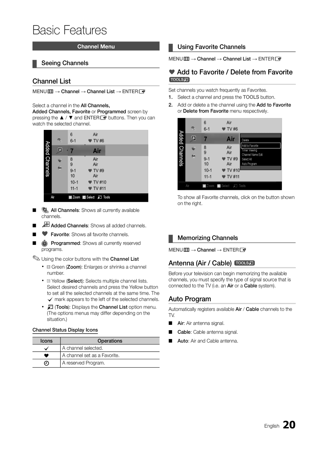 Samsung LT27B350NDZA, LT22B350ND/ZA, T24B350ND user manual Basic Features, Channel List, Antenna Air / Cable t, Auto Program 