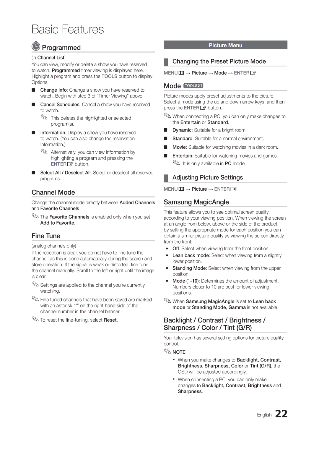 Samsung LT22B350ND/ZA, LT27B350NDZA, T24B350ND user manual Programmed, Channel Mode, Fine Tune, Mode t, Samsung MagicAngle 