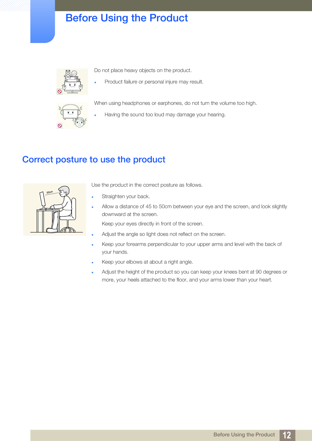 Samsung S27B350H, S27B550V, S23B550V user manual Correct posture to use the product 