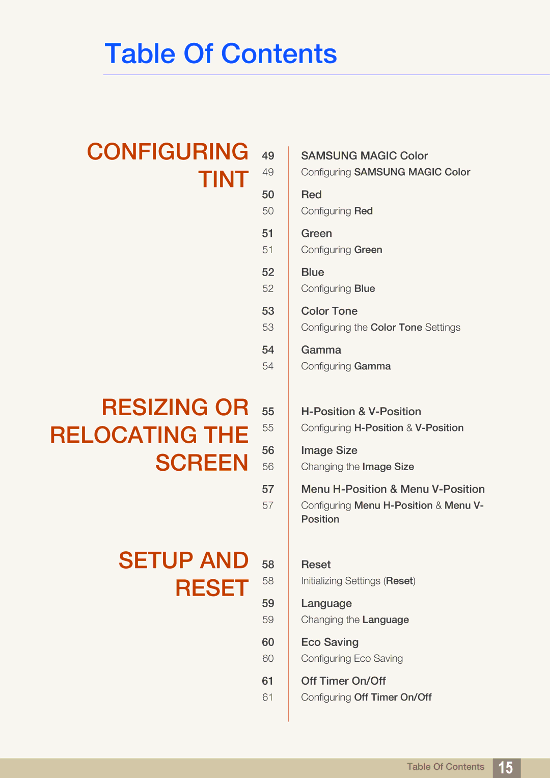 Samsung S23B550V, S27B350H, S27B550V user manual Resizing or Relocating the Screen Setup Reset 