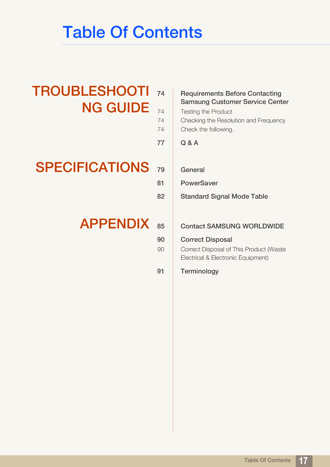 Samsung S27B350H, S27B550V, S23B550V user manual Troubleshooti 74 NG Guide Specifications Appendix 