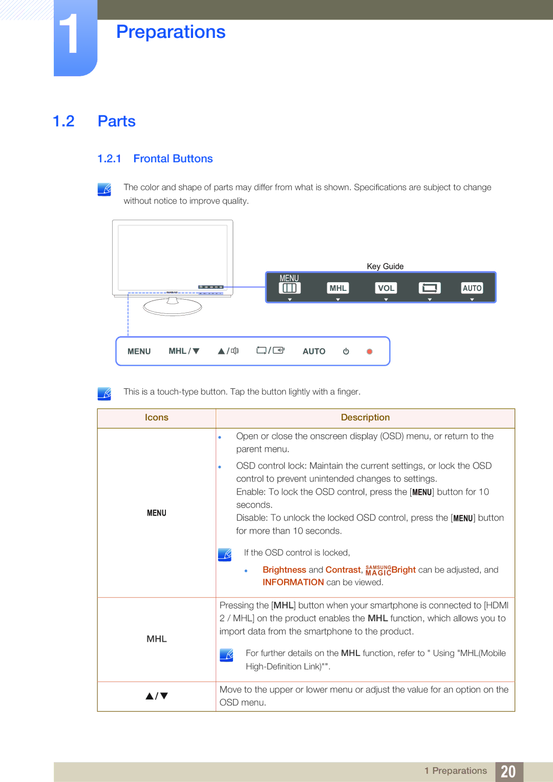 Samsung S27B350H, S27B550V, S23B550V user manual Parts, Frontal Buttons 