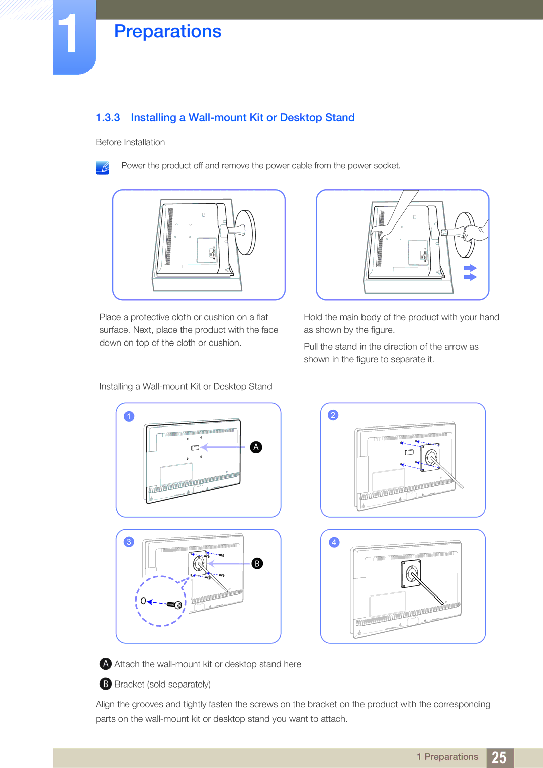 Samsung S27B350H, S27B550V, S23B550V user manual Installing a Wall-mount Kit or Desktop Stand 