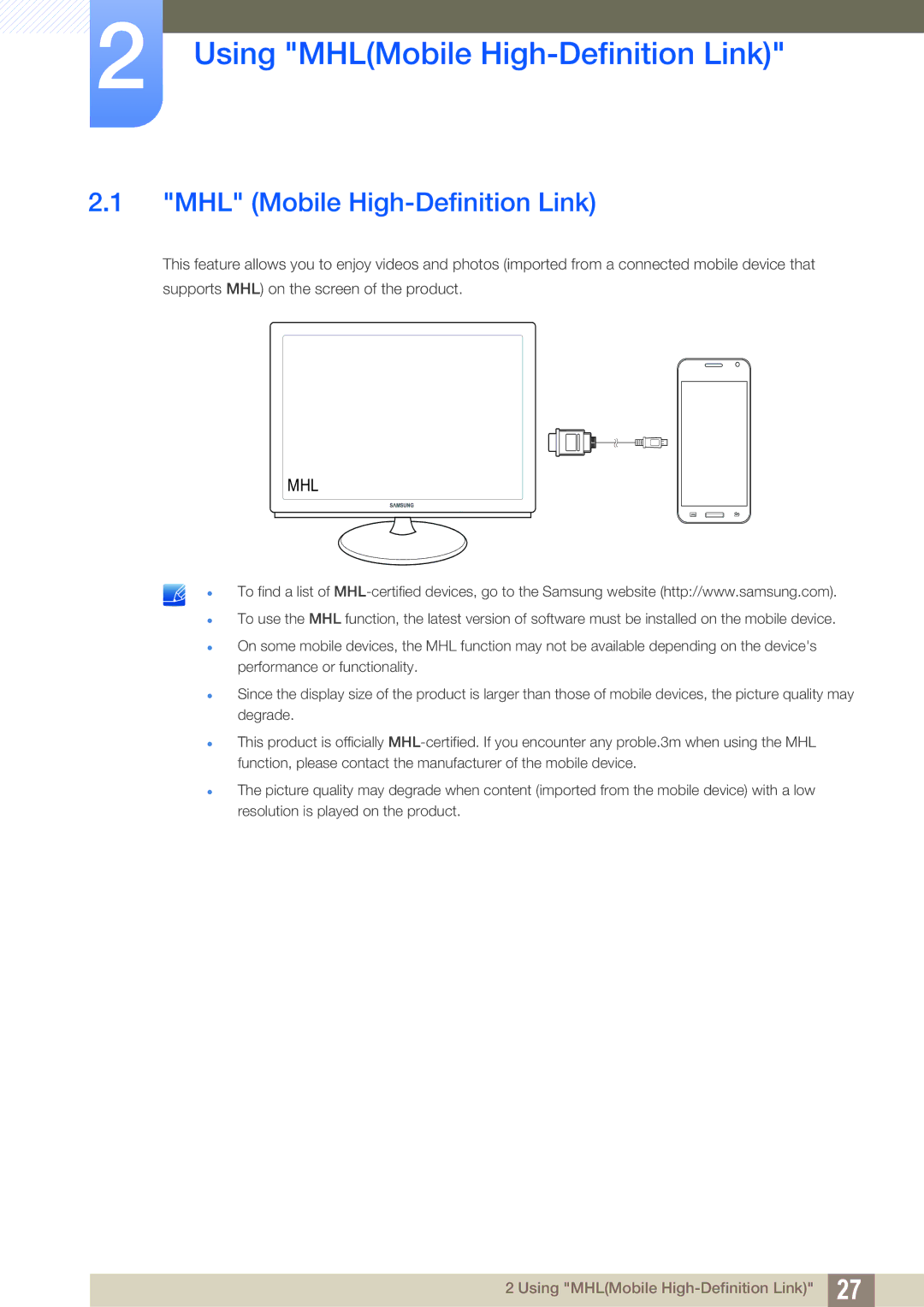 Samsung S23B550V, S27B350H, S27B550V user manual Using MHLMobile High-Definition Link, MHL Mobile High-Definition Link 