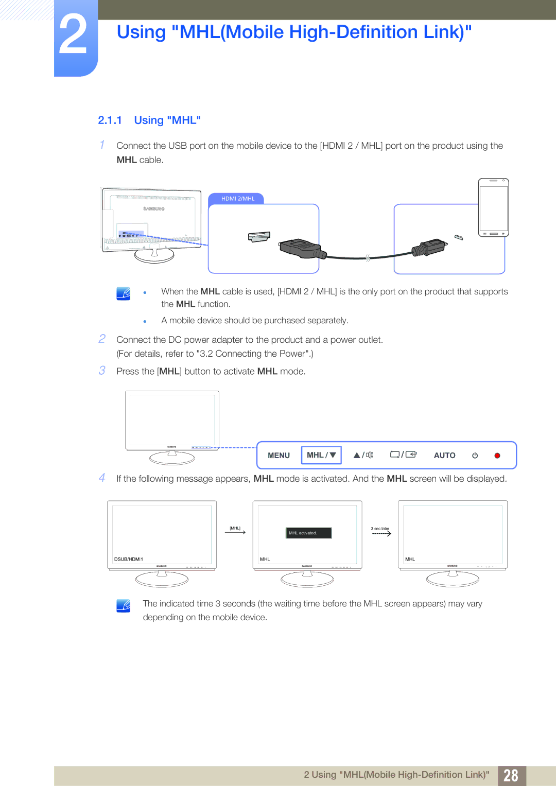 Samsung S27B350H, S27B550V, S23B550V user manual Using MHL 