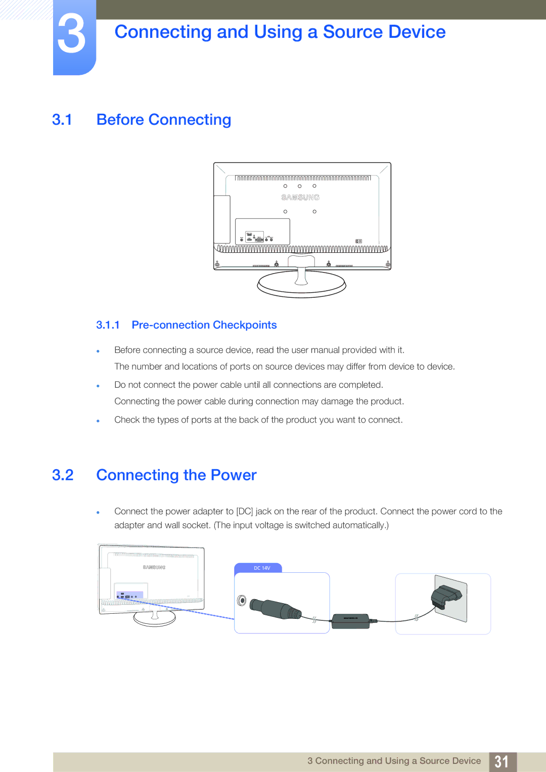 Samsung S23B550V Connecting and Using a Source Device, Before Connecting, Connecting the Power, Pre-connection Checkpoints 