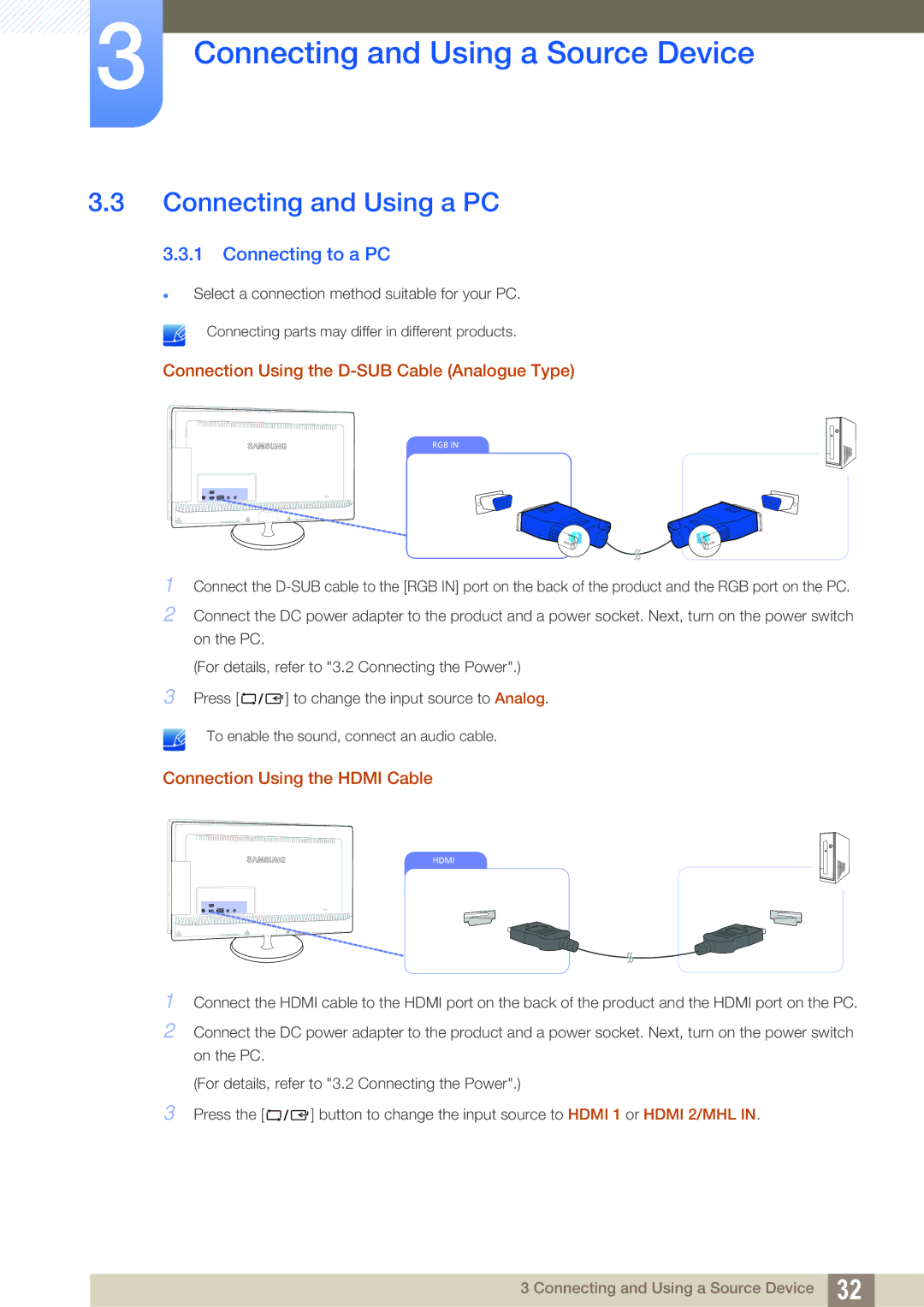 Samsung S27B350H, S27B550V, S23B550V user manual Connecting and Using a PC, Connecting to a PC 