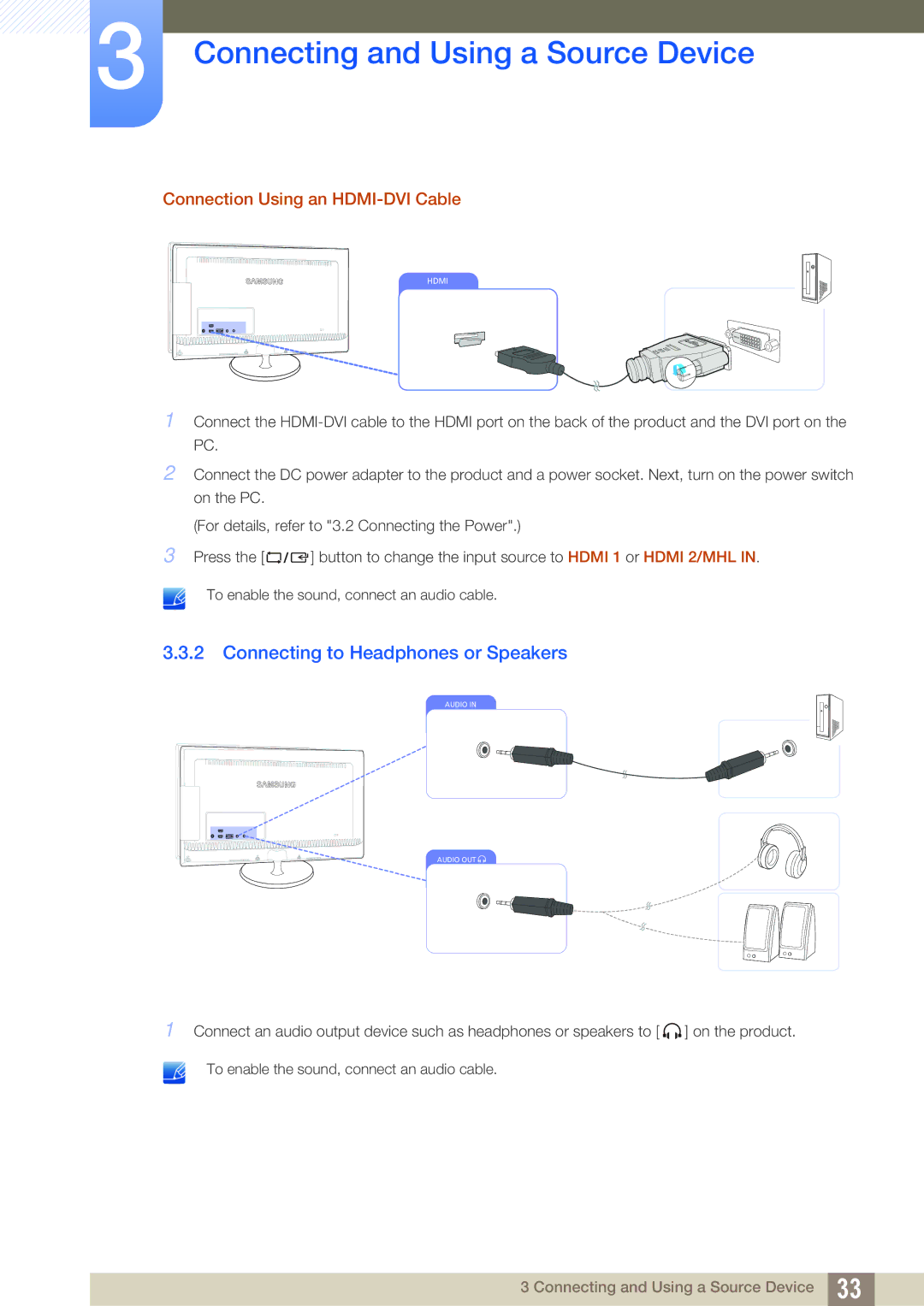 Samsung S27B350H, S27B550V, S23B550V user manual Connecting to Headphones or Speakers, Connection Using an HDMI-DVI Cable 