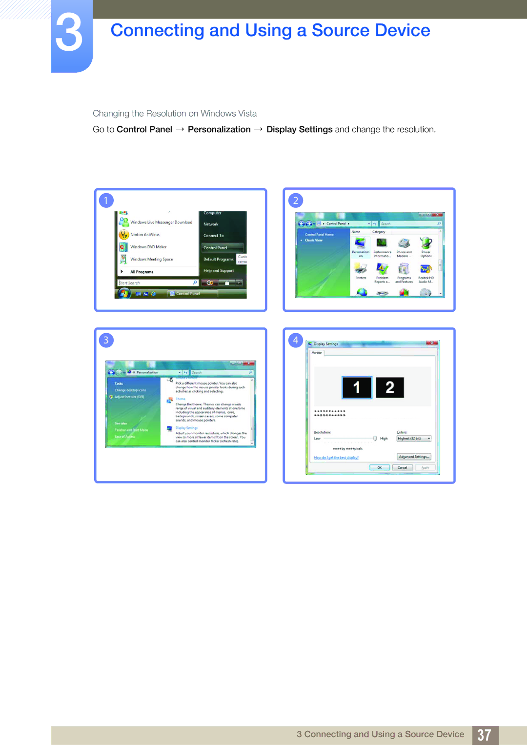 Samsung S27B350H, S27B550V, S23B550V user manual Changing the Resolution on Windows Vista 