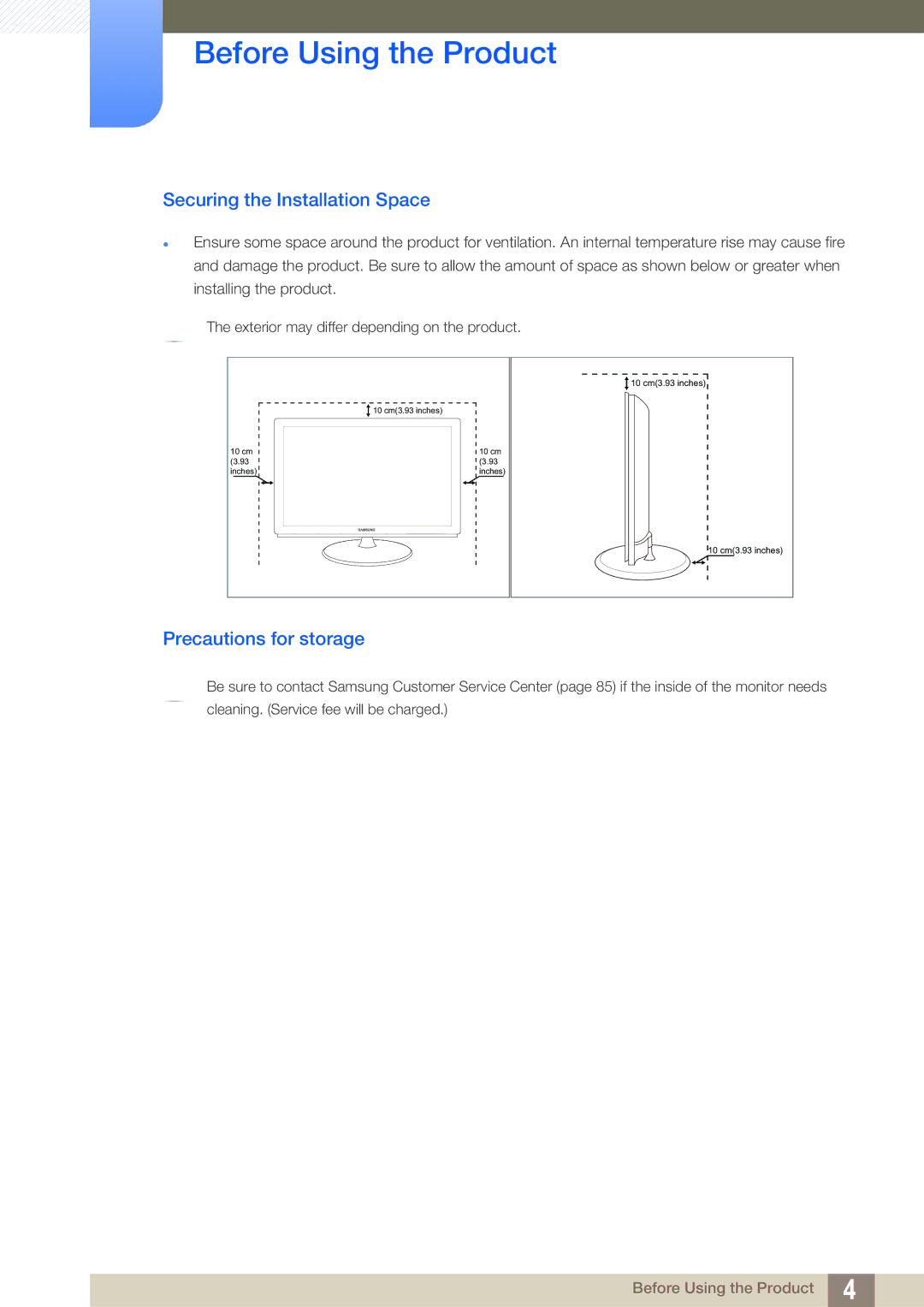 Samsung S27B350H, S27B550V, S23B550V user manual Securing the Installation Space, Precautions for storage 