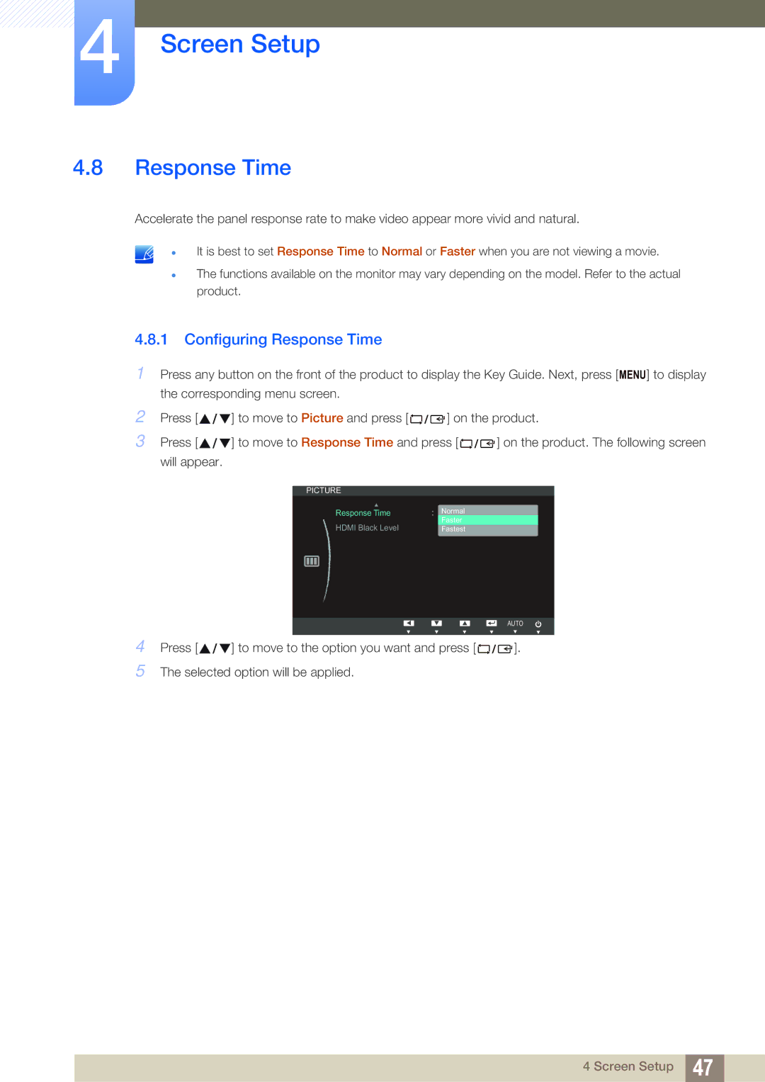 Samsung S23B550V, S27B350H, S27B550V user manual Configuring Response Time 