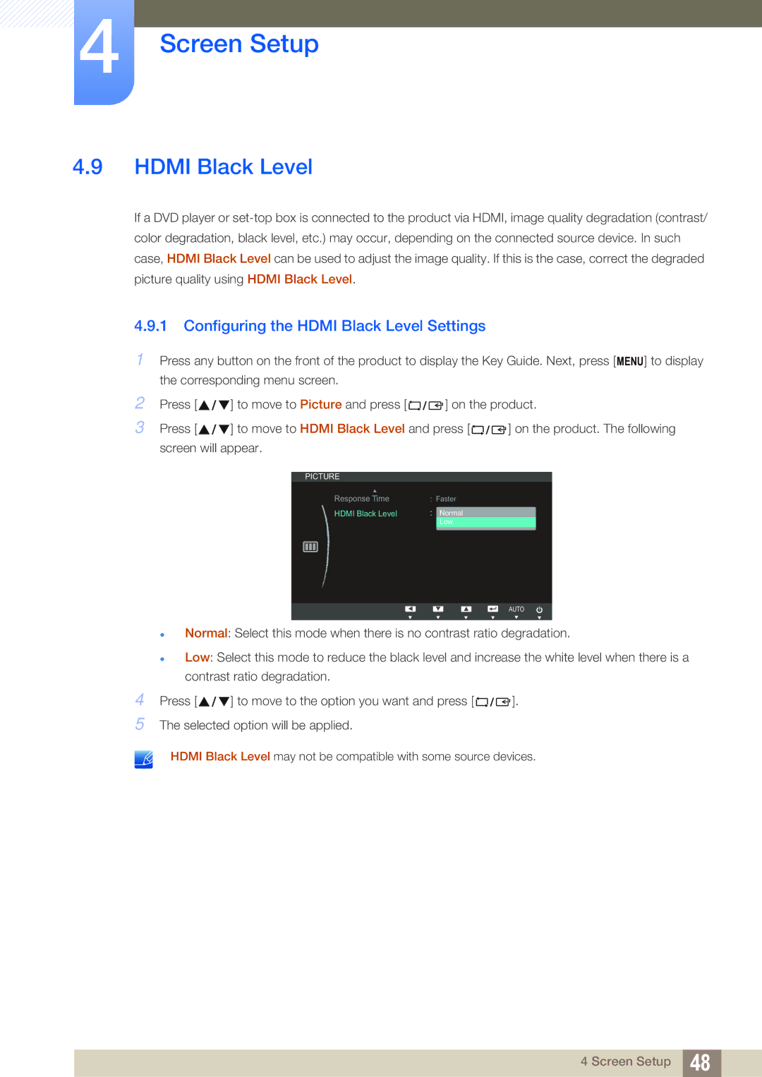 Samsung S27B350H, S27B550V, S23B550V user manual Configuring the Hdmi Black Level Settings 