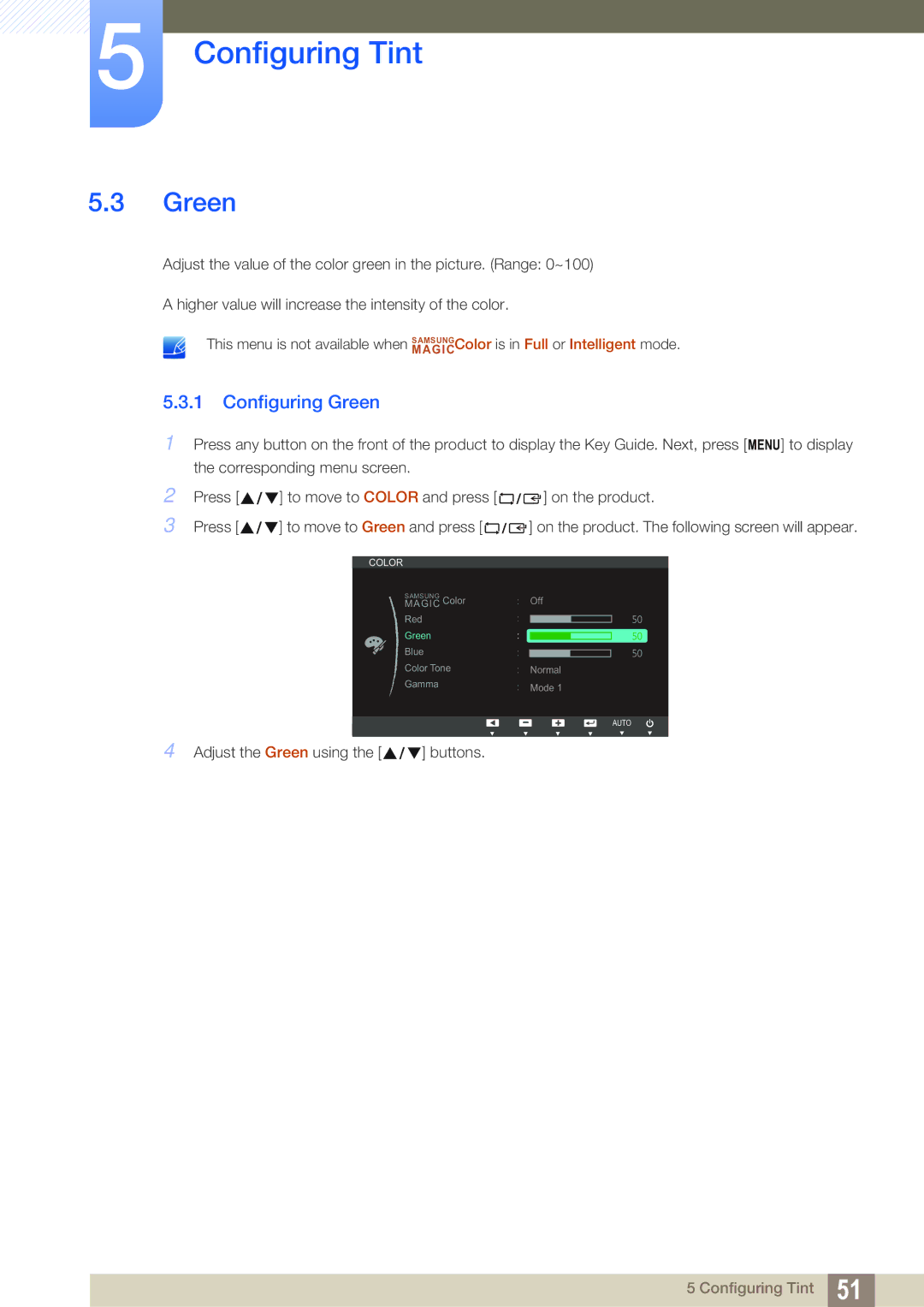 Samsung S23B550V, S27B350H, S27B550V user manual Configuring Green 