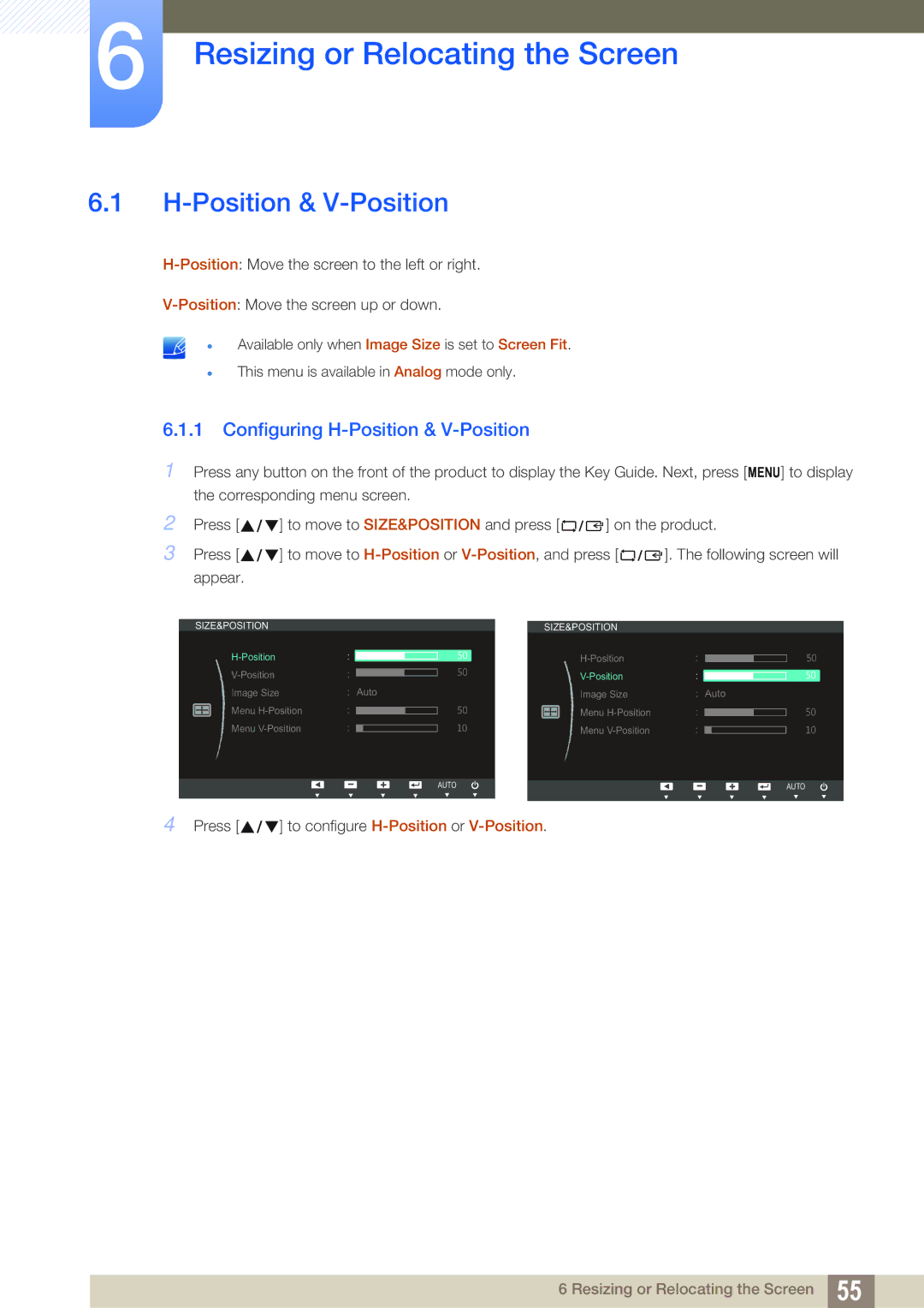 Samsung S23B550V, S27B350H, S27B550V Resizing or Relocating the Screen, Configuring H-Position & V-Position 