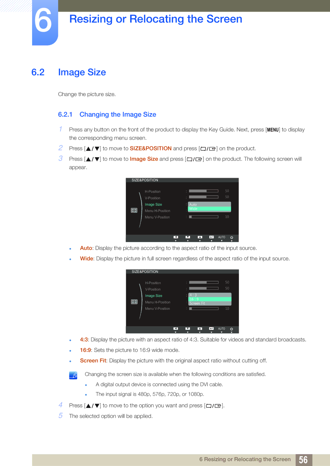 Samsung S27B350H, S27B550V, S23B550V user manual Changing the Image Size 