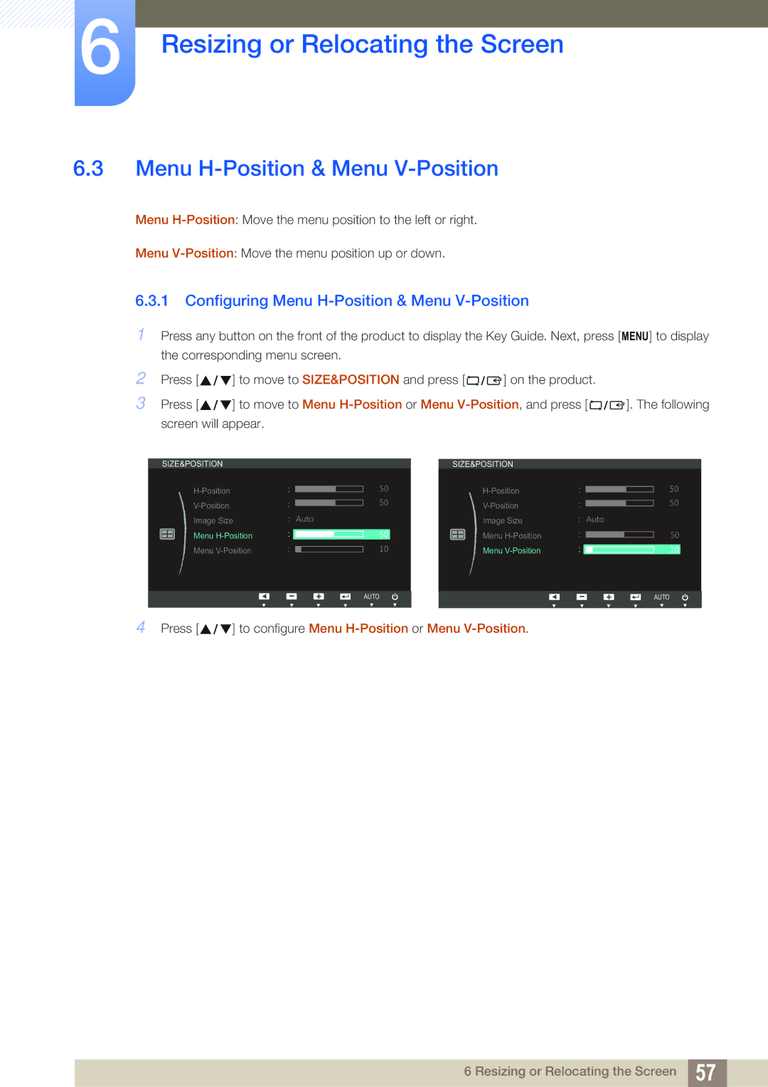 Samsung S27B350H, S27B550V, S23B550V user manual Configuring Menu H-Position & Menu V-Position 