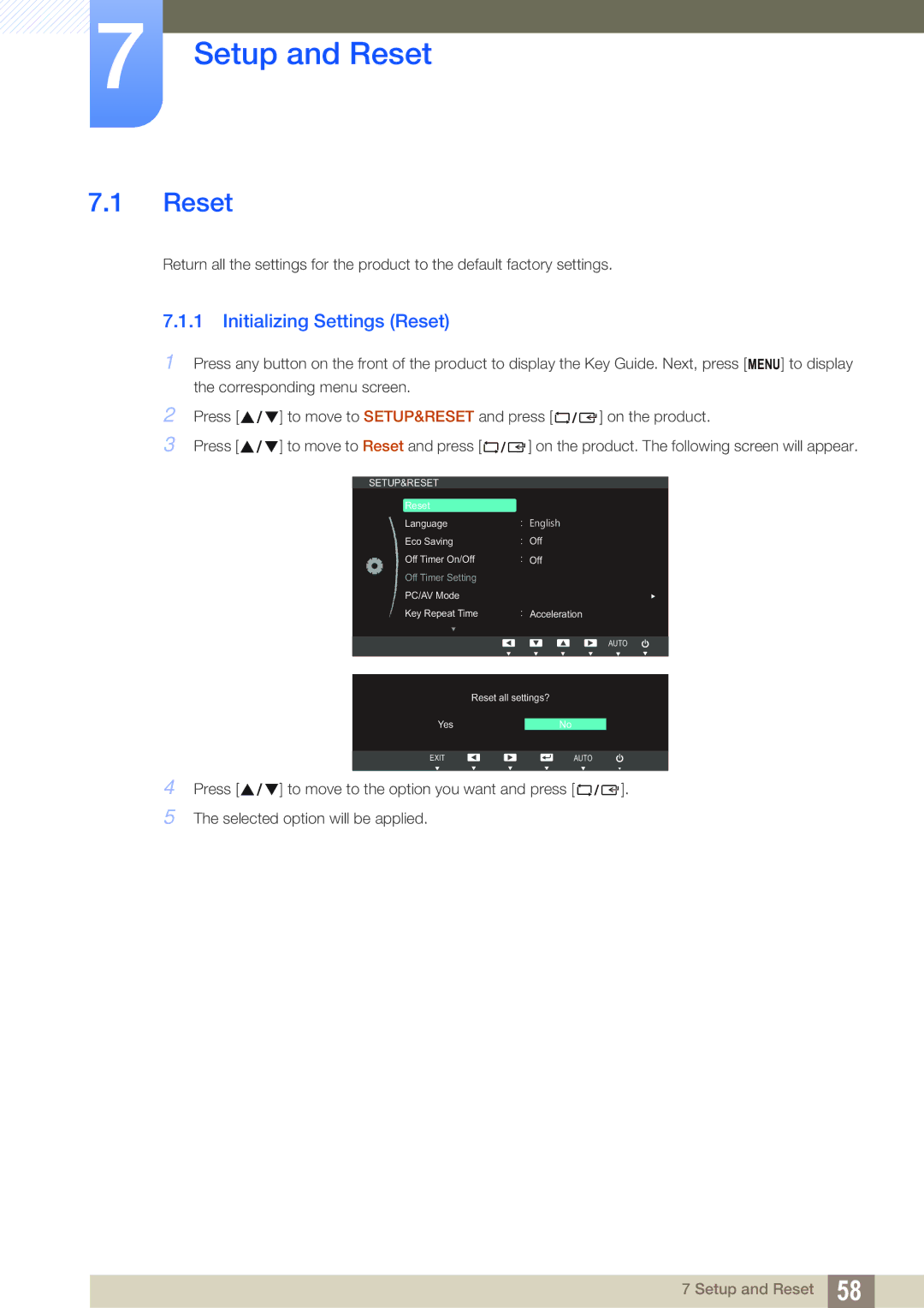 Samsung S27B550V, S27B350H, S23B550V user manual Setup and Reset, Initializing Settings Reset 