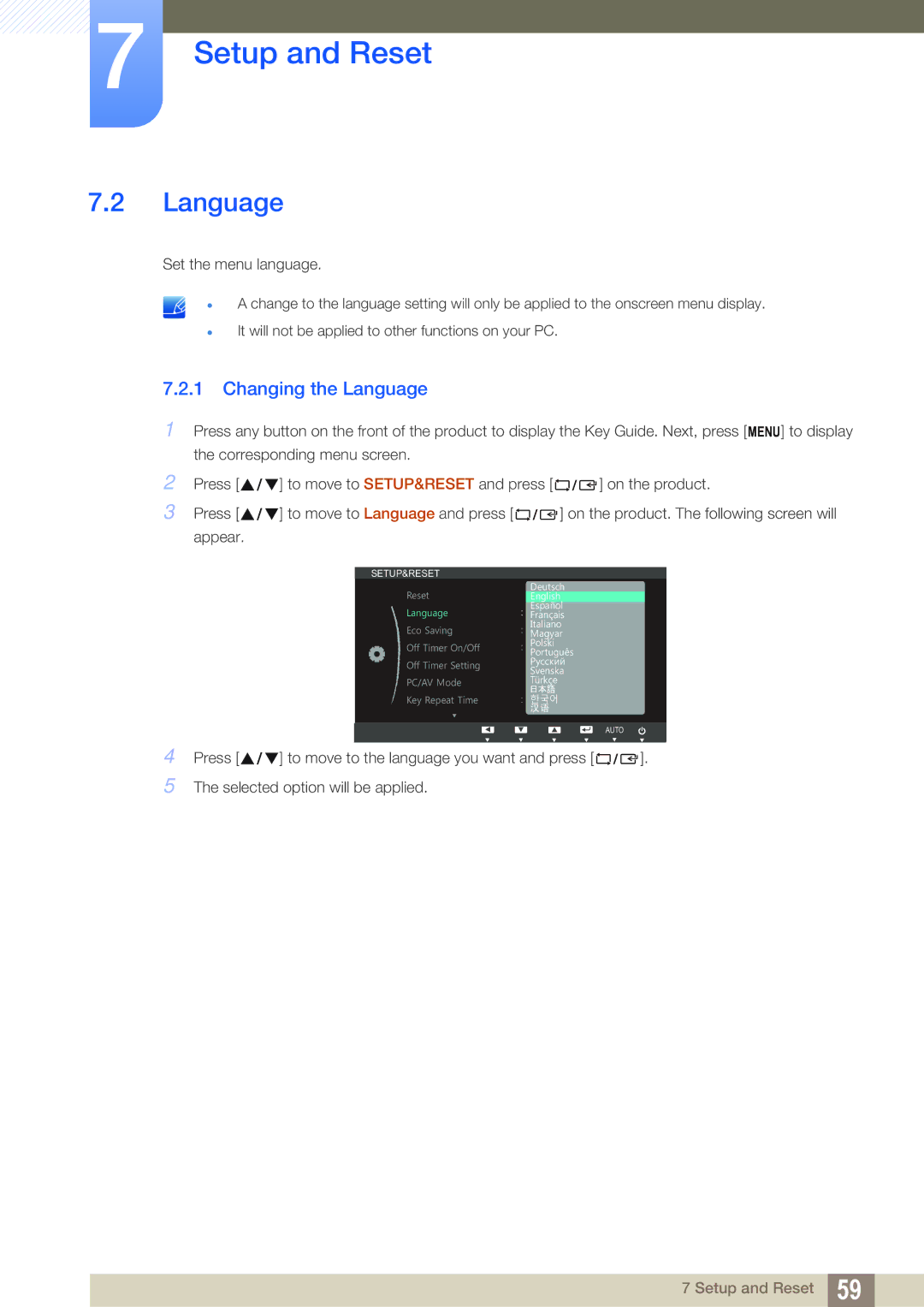 Samsung S23B550V, S27B350H, S27B550V user manual Changing the Language 