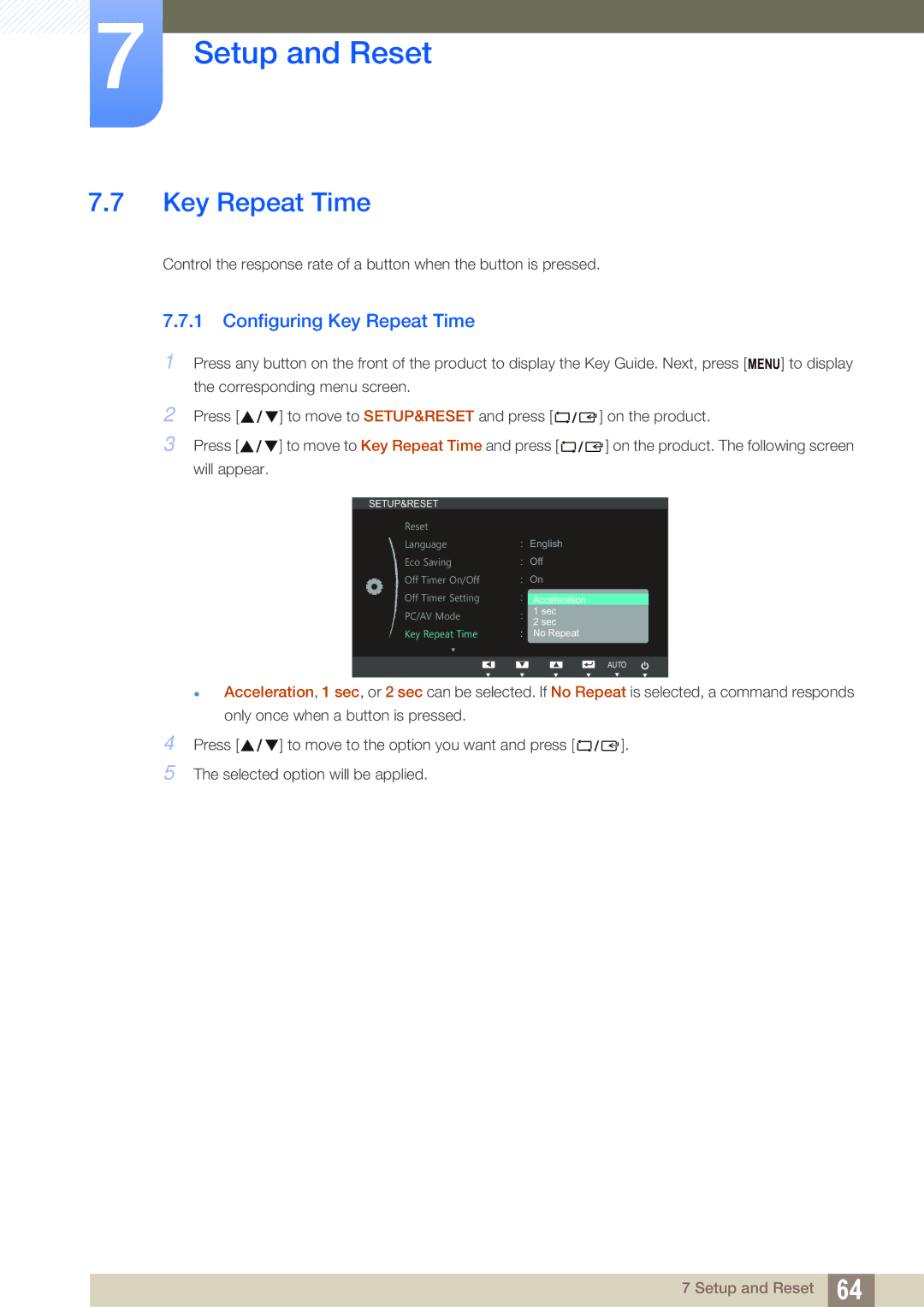 Samsung S27B350H, S27B550V, S23B550V user manual Configuring Key Repeat Time 