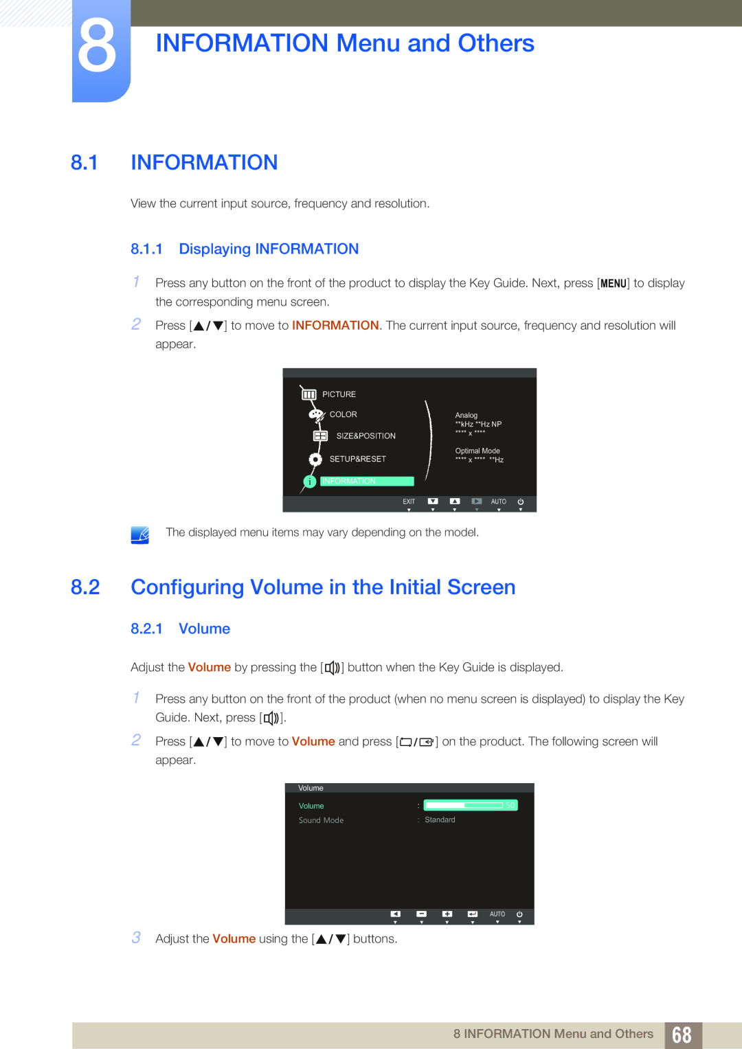 Samsung S27B350H Information Menu and Others, Configuring Volume in the Initial Screen, Displaying Information 