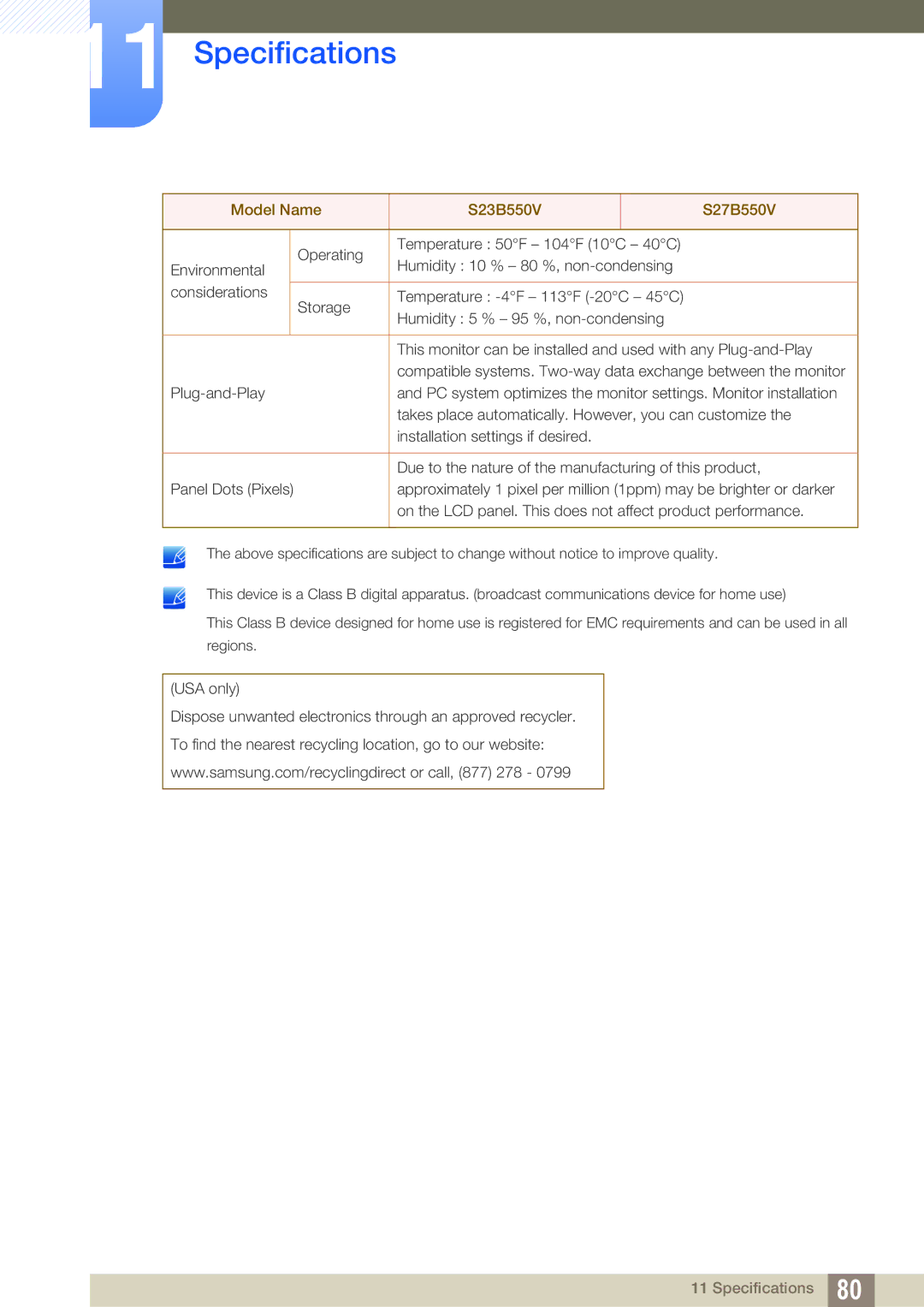 Samsung S27B350H, S27B550V, S23B550V user manual Specifications 