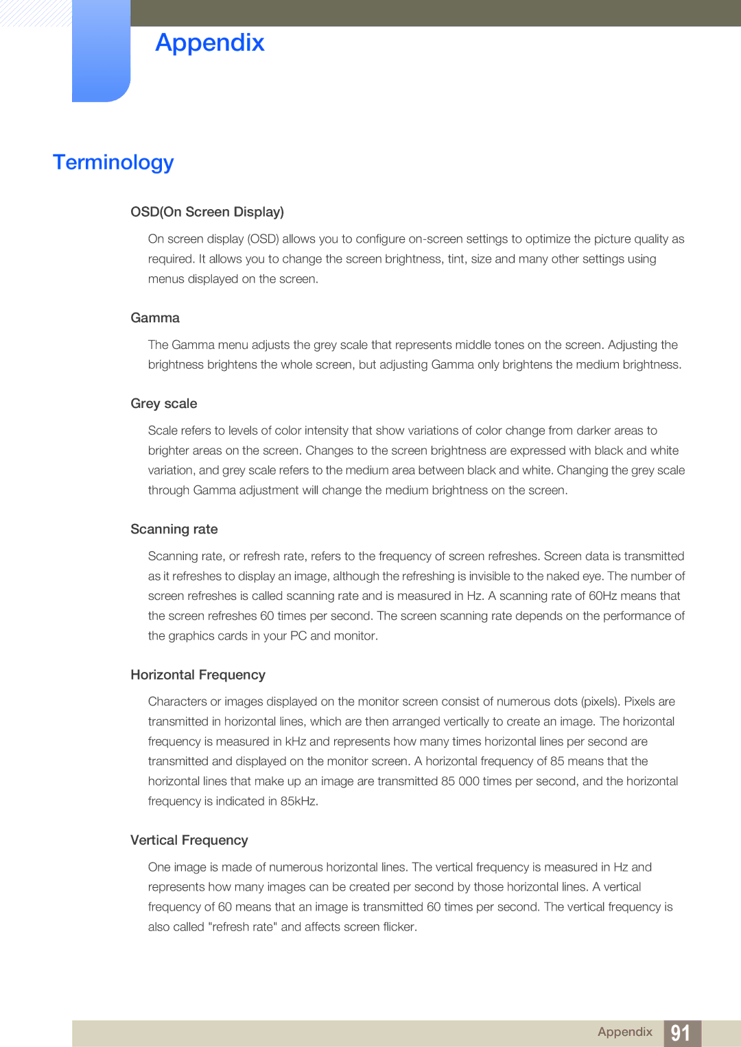 Samsung S23B550V, S27B350H, S27B550V user manual Terminology, OSDOn Screen Display 