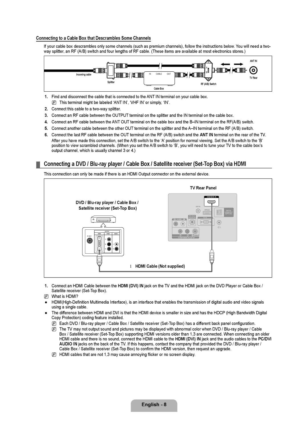 Samsung 350 user manual Connecting to a Cable Box that Descrambles Some Channels 