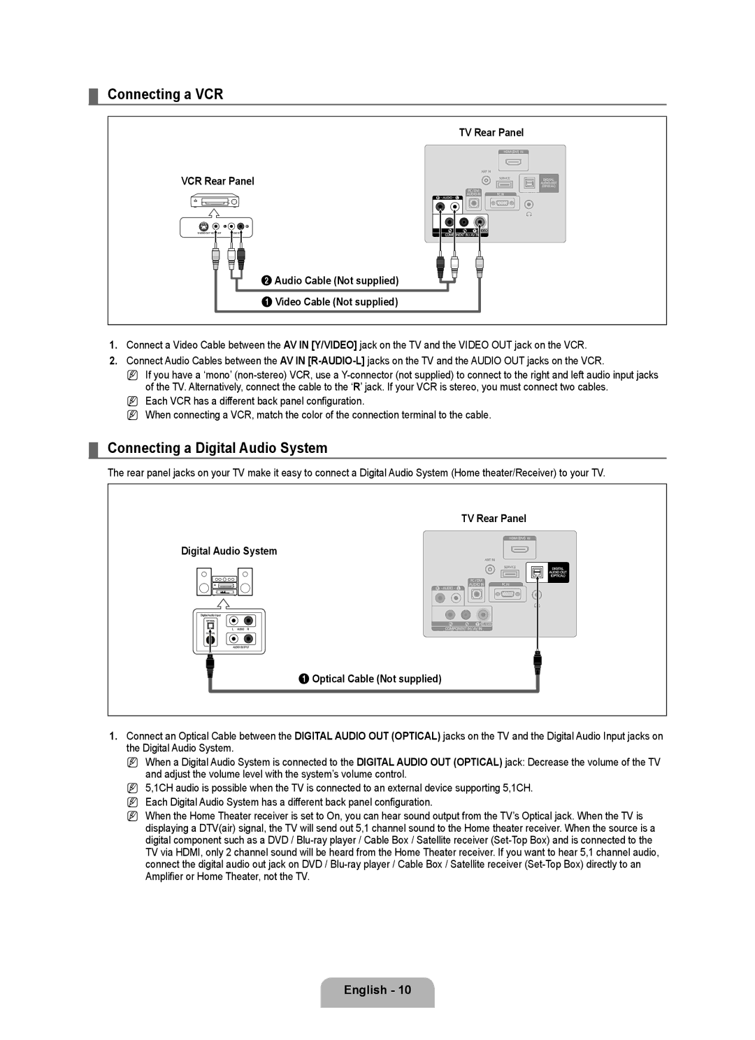 Samsung 350 user manual Connecting a VCR, Connecting a Digital Audio System, Amplifier or Home Theater, not the TV 