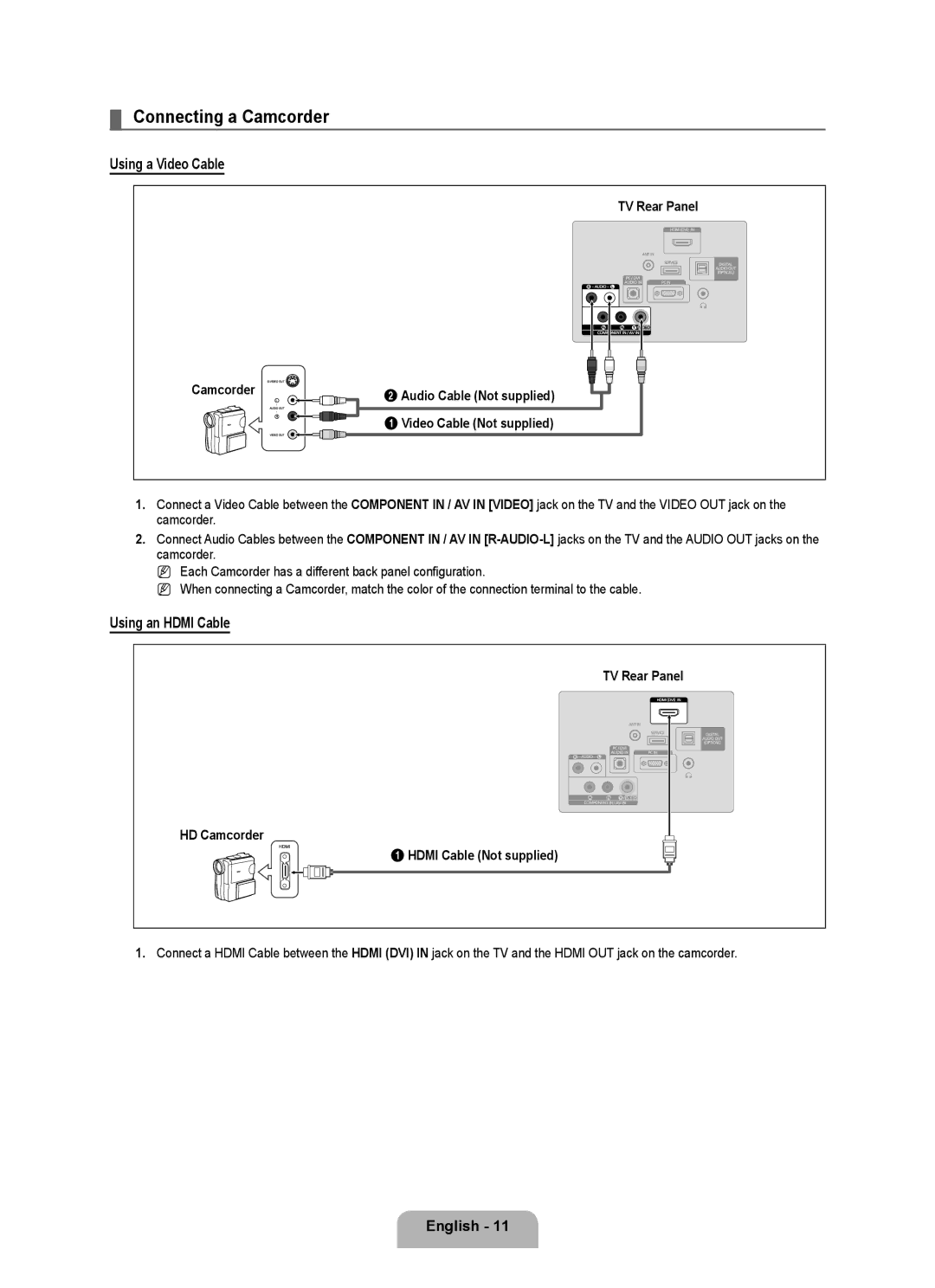 Samsung 350 user manual Connecting a Camcorder, Using a Video Cable, Using an Hdmi Cable, TV Rear Panel Camcorder 