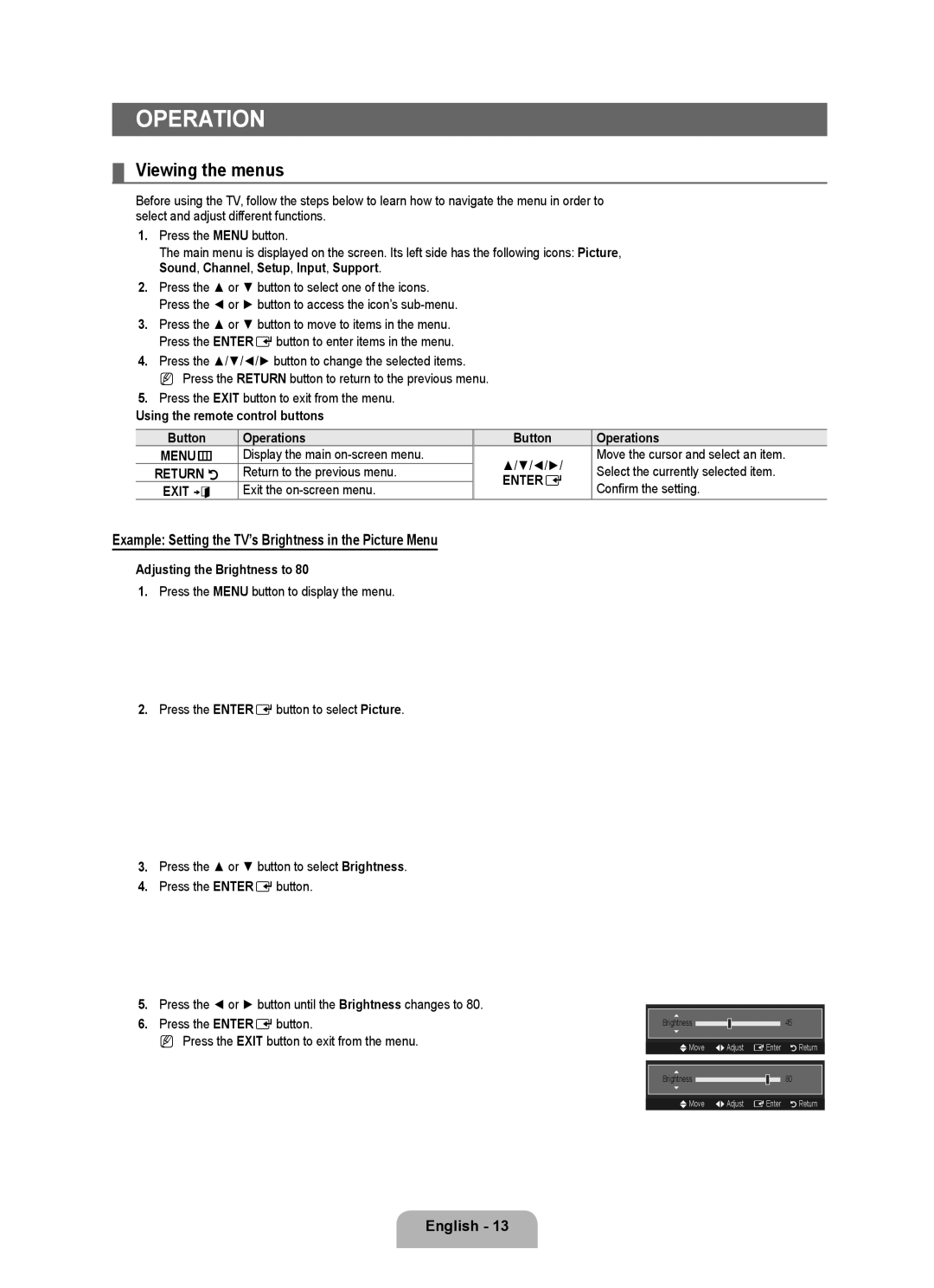 Samsung 350 user manual Operation, Viewing the menus, Example Setting the TV’s Brightness in the Picture Menu 