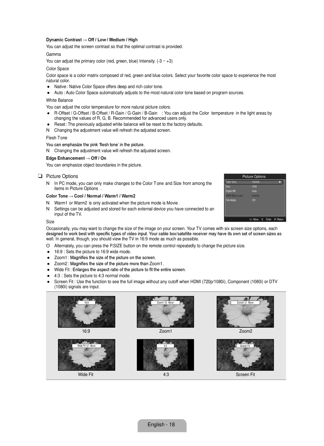 Samsung 350 user manual Picture Options 