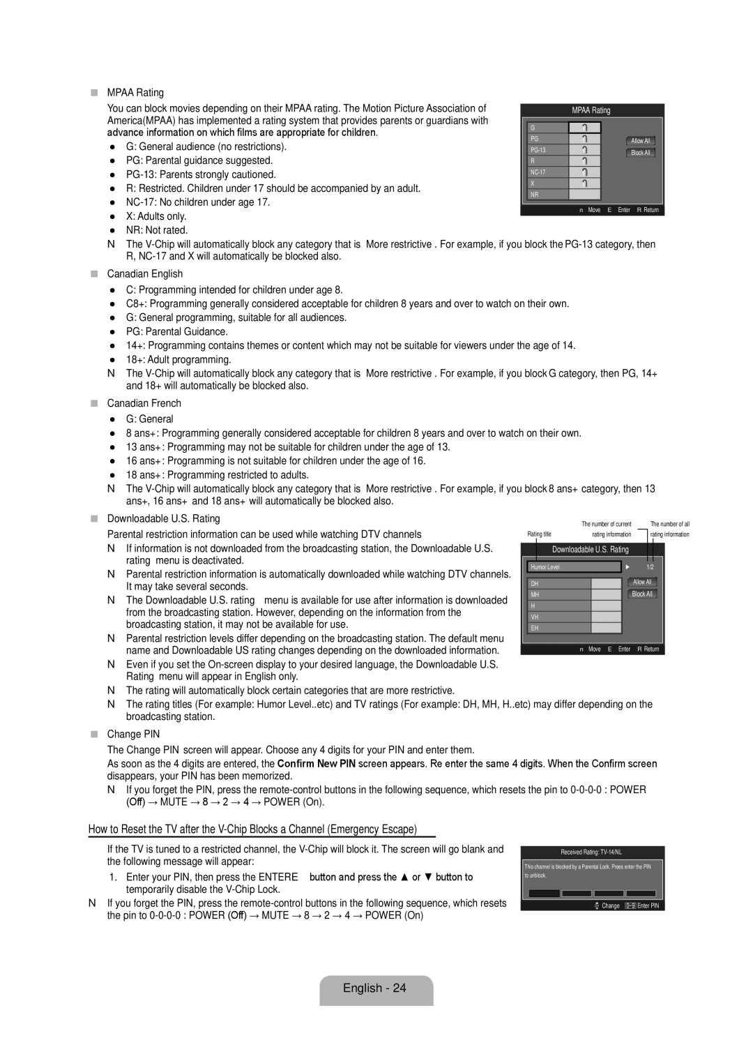 Samsung 350 user manual  Mpaa Rating,  Canadian English,  Canadian French,  Downloadable U.S. Rating,  Change PIN 