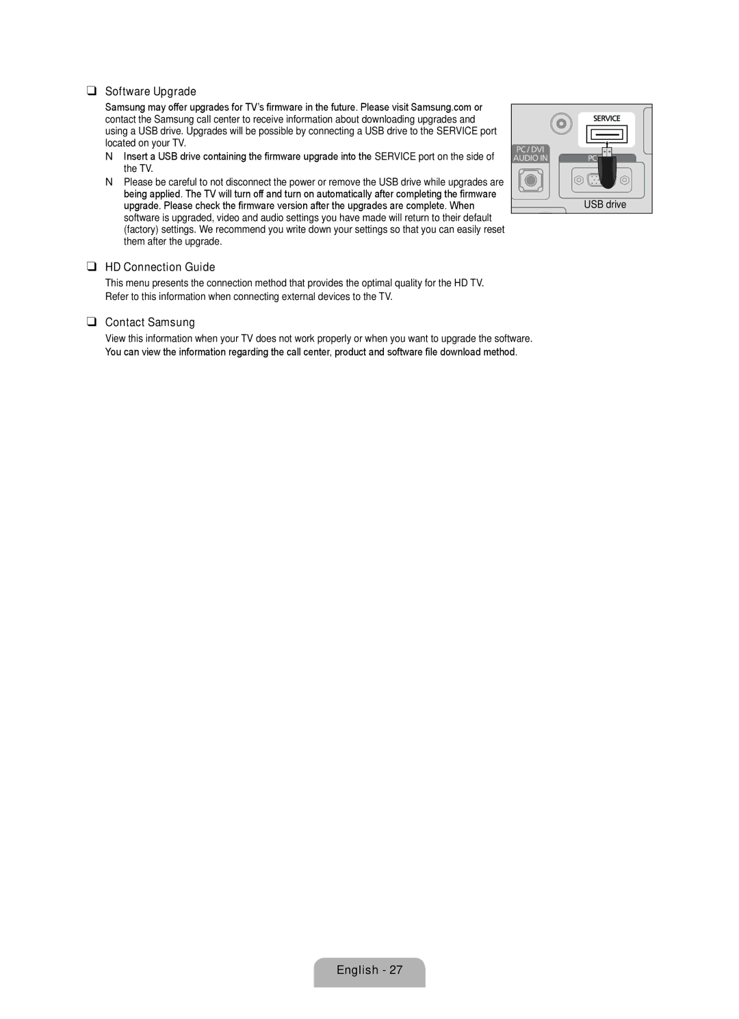 Samsung 350 user manual Software Upgrade, HD Connection Guide, Contact Samsung 