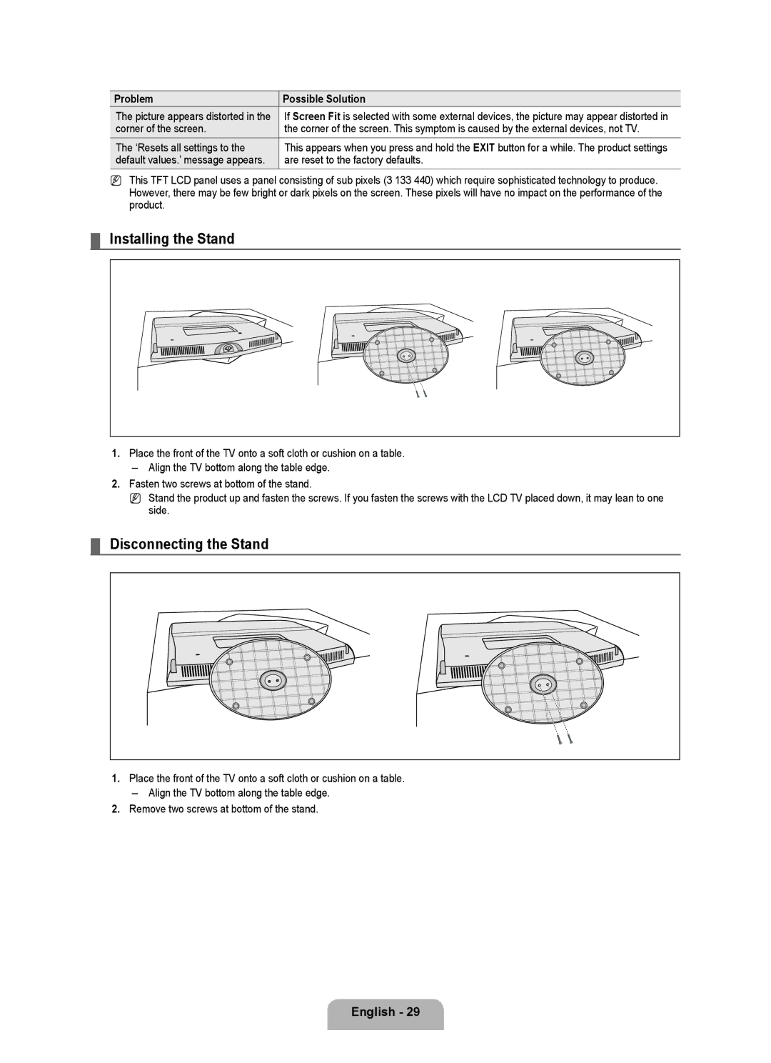 Samsung 350 user manual Installing the Stand, Disconnecting the Stand, Corner of the screen, ‘Resets all settings to 