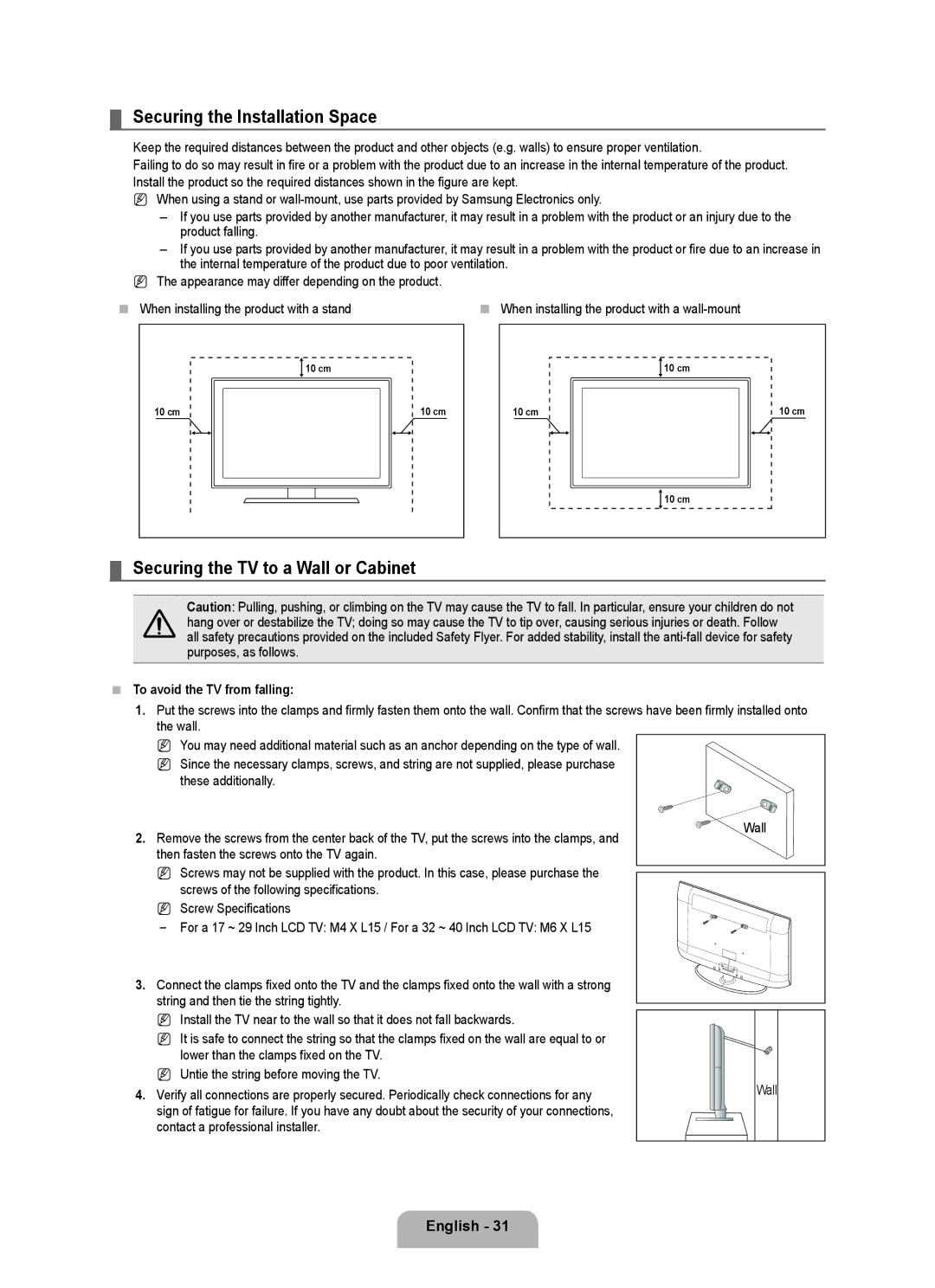 Samsung 350 user manual Securing the Installation Space, Securing the TV to a Wall or Cabinet, To avoid the TV from falling 