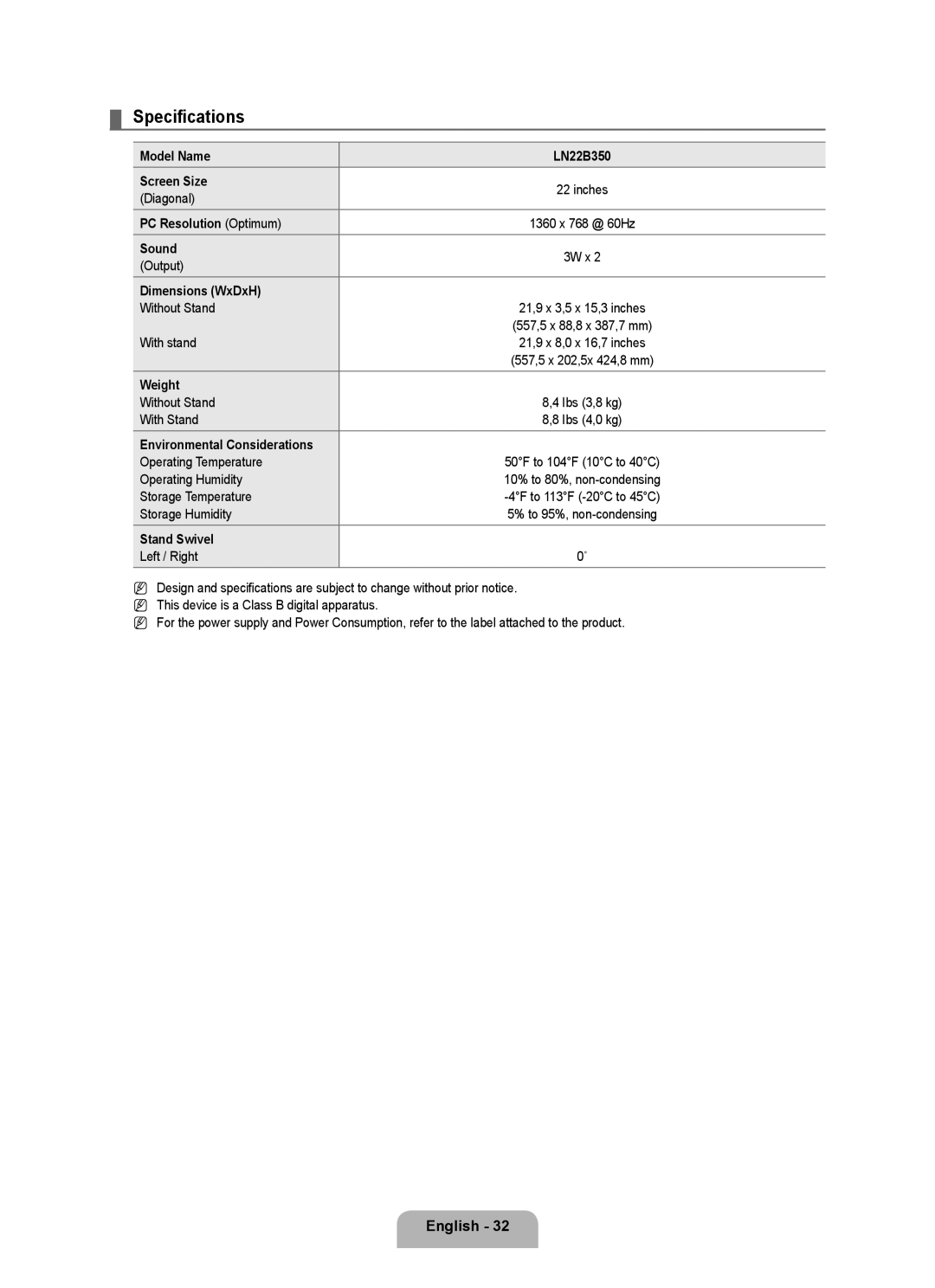 Samsung 350 user manual Specifications 