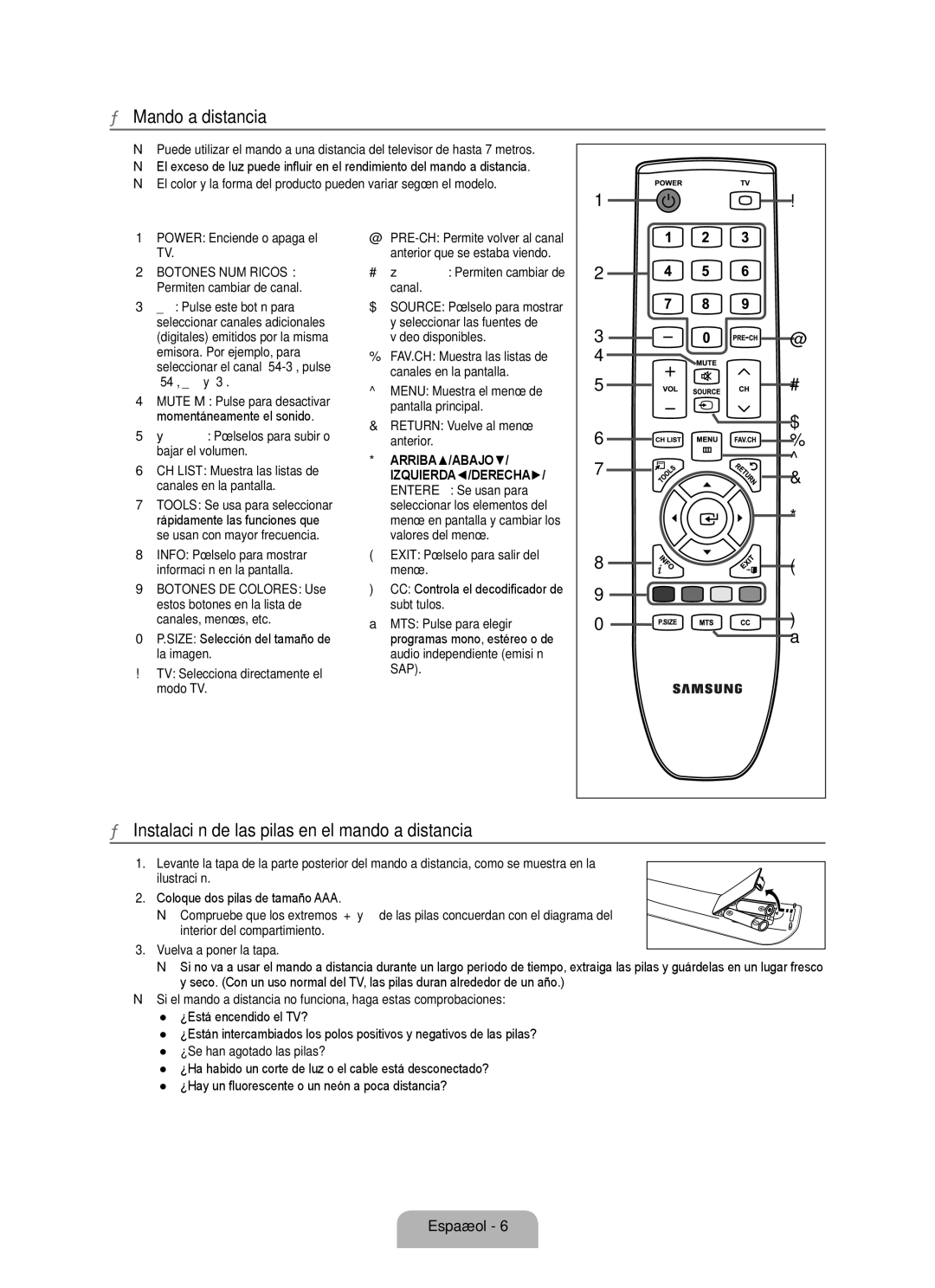 Samsung 350 user manual Mando a distancia, Instalación de las pilas en el mando a distancia 