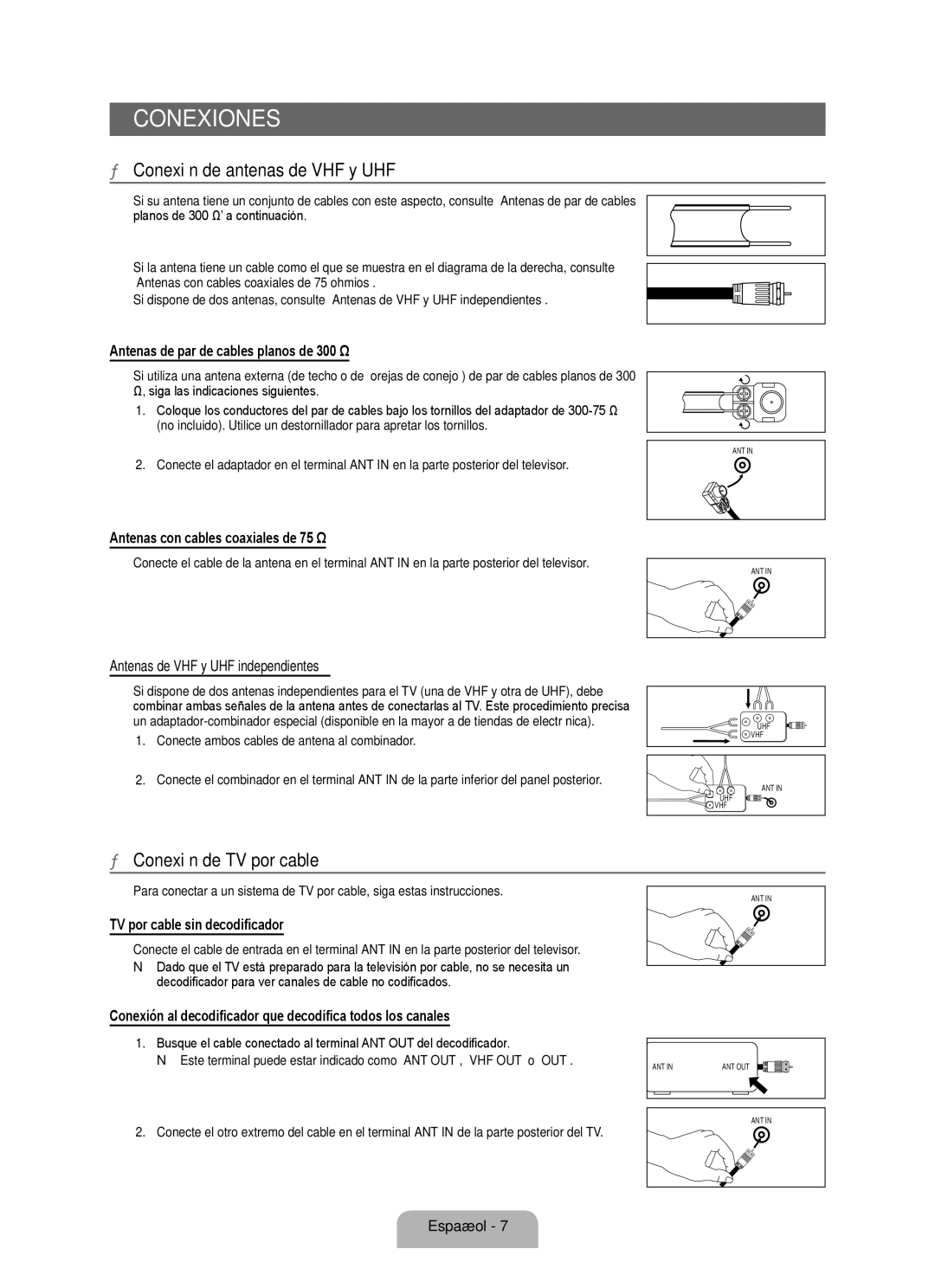 Samsung 350 user manual Conexiones, Conexión de antenas de VHF y UHF, Conexión de TV por cable 