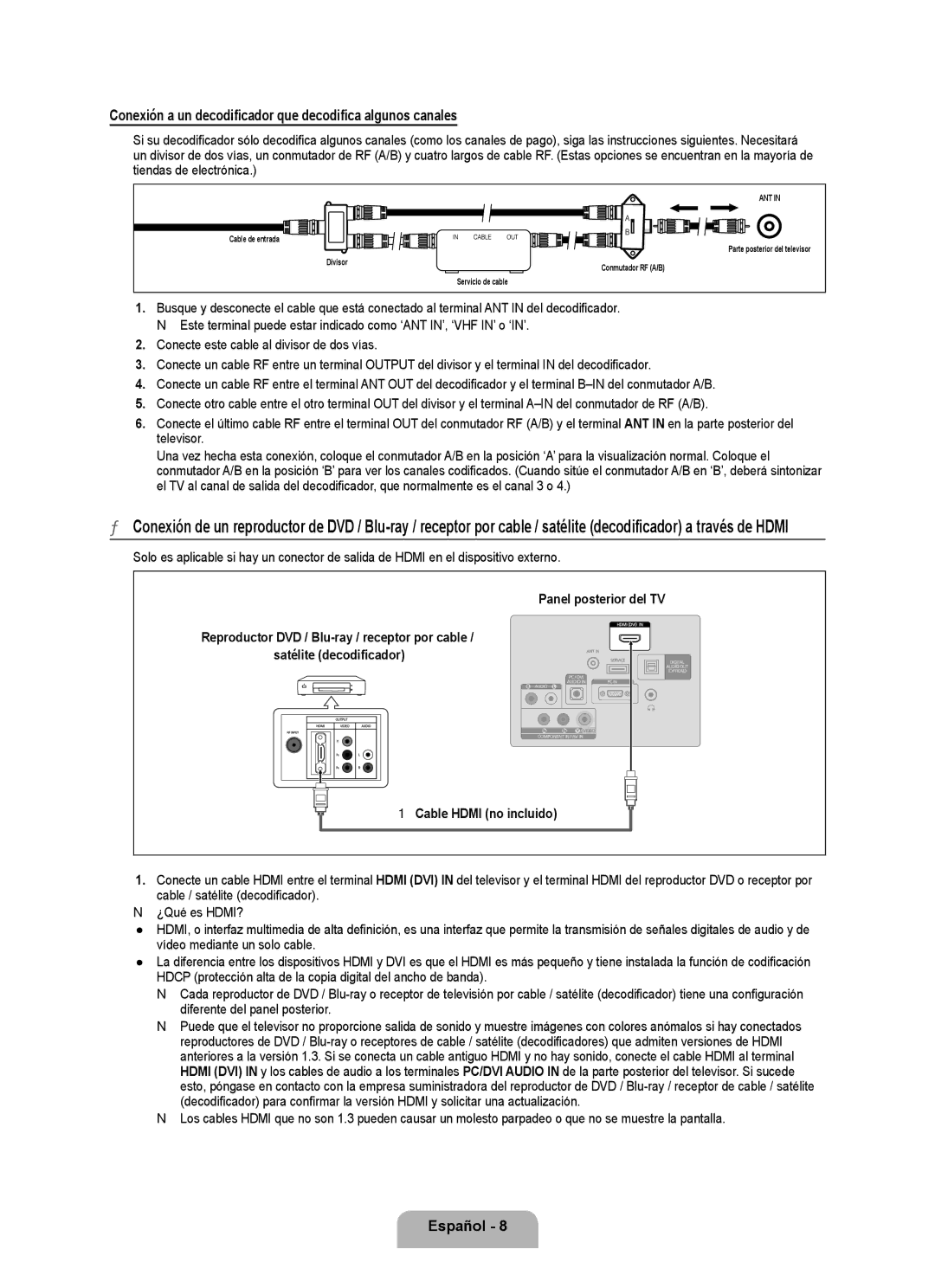 Samsung 350 user manual Conexión a un decodificador que decodifica algunos canales 