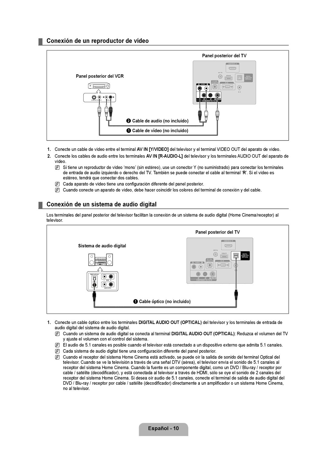 Samsung 350 user manual Conexión de un reproductor de vídeo, Conexión de un sistema de audio digital 