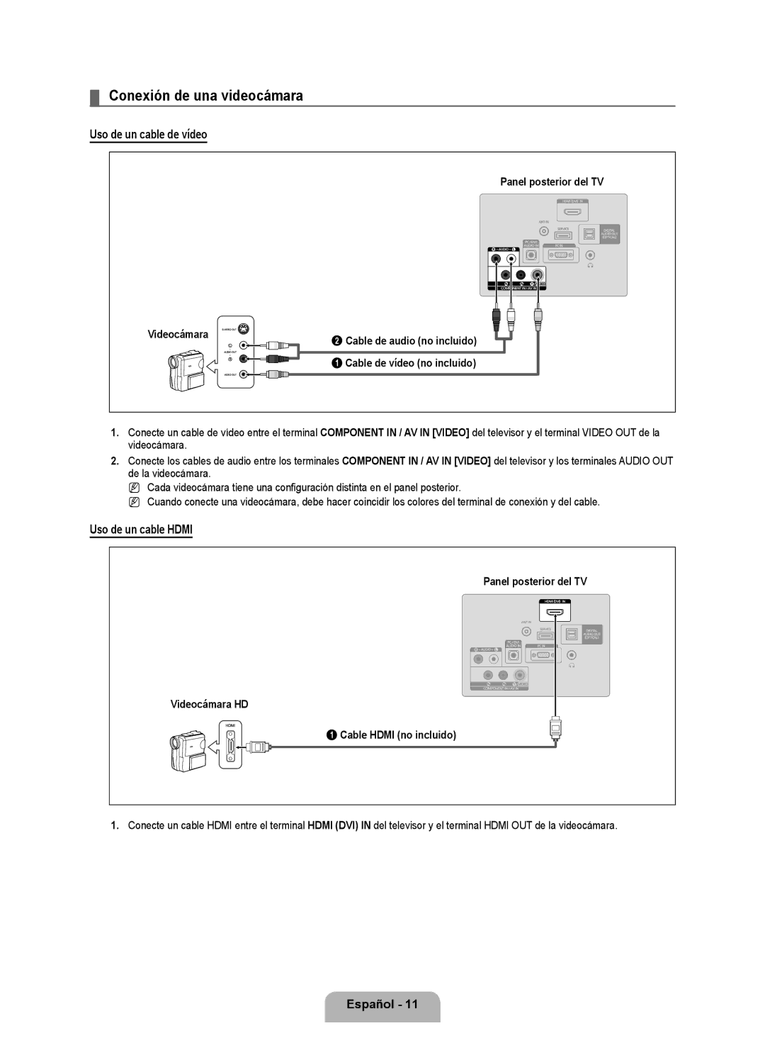 Samsung 350 user manual Conexión de una videocámara, Uso de un cable de vídeo, Uso de un cable Hdmi 