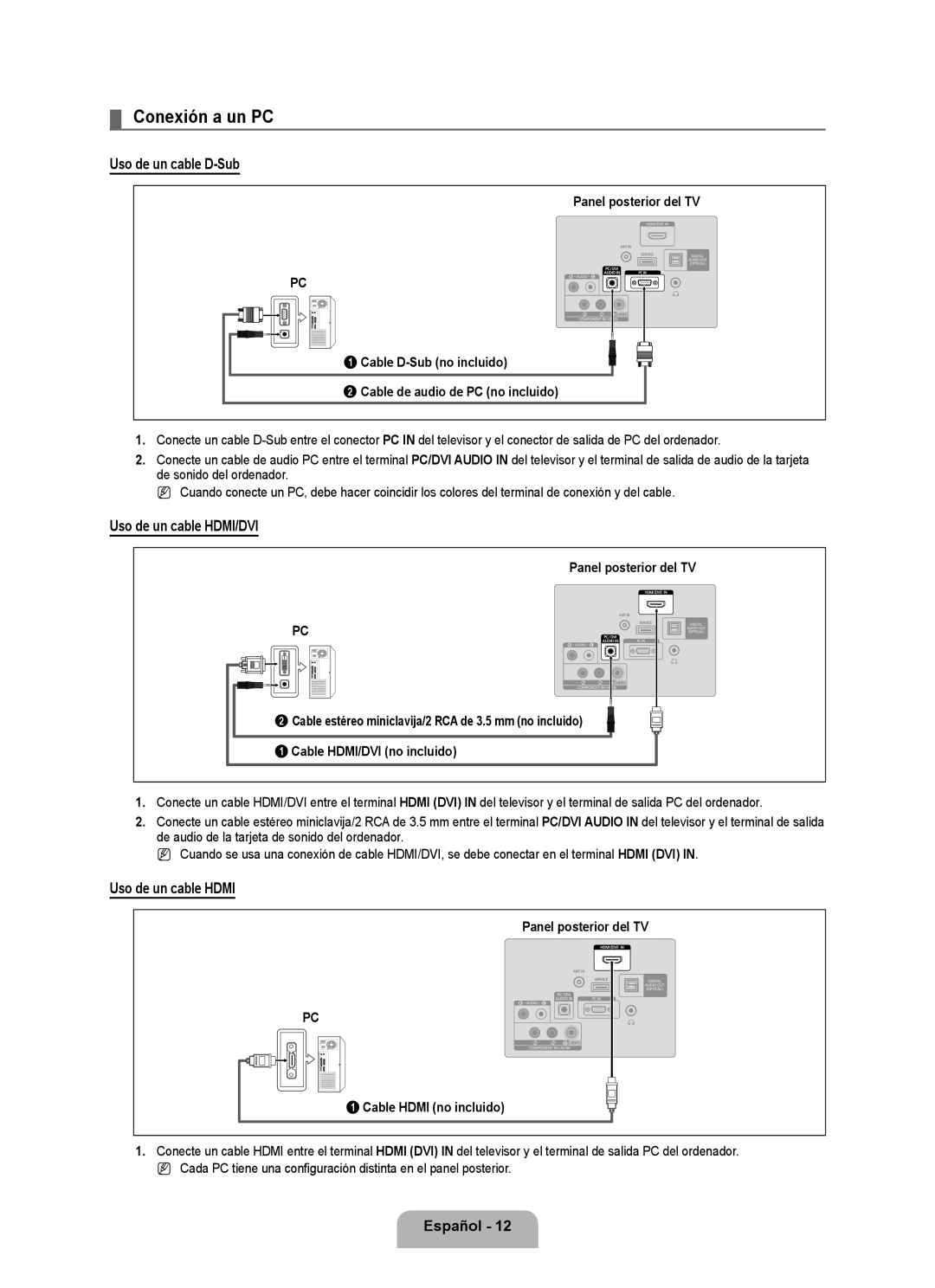 Samsung 350 user manual Conexión a un PC, Uso de un cable D-Sub, Uso de un cable HDMI/DVI 