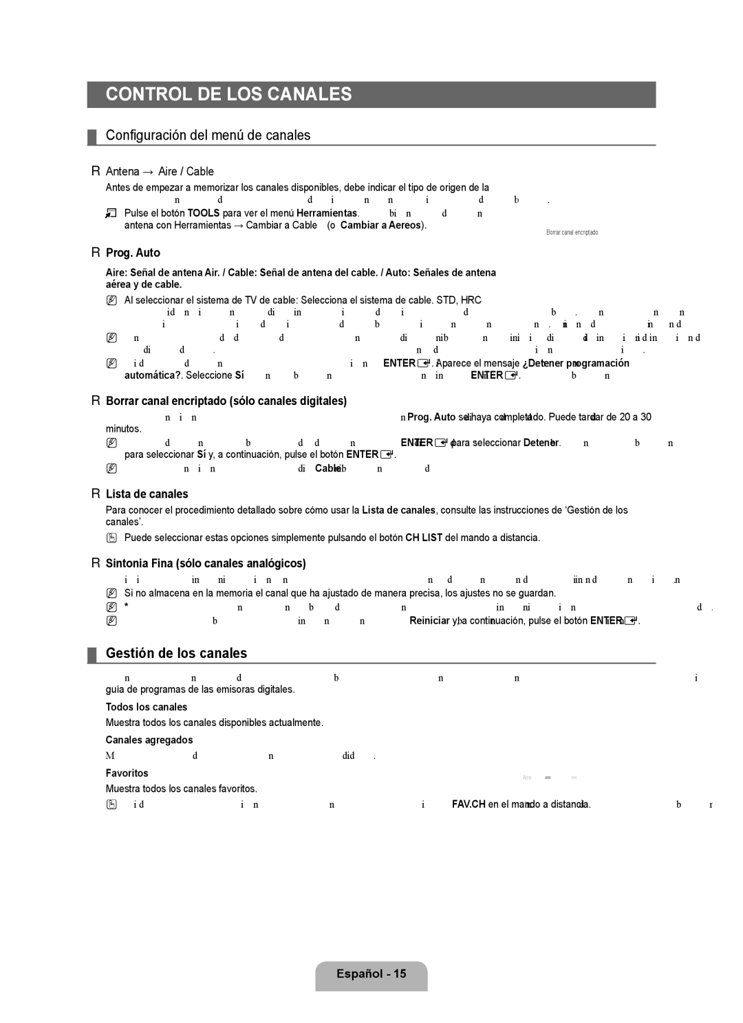 Samsung 350 user manual Control de los canales, Configuración del menú de canales, Gestión de los canales 