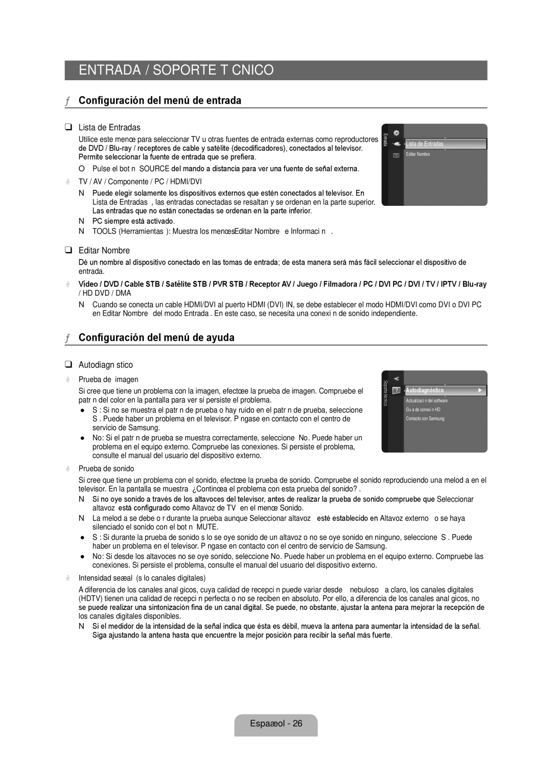 Samsung 350 user manual Entrada / Soporte técnico, Configuración del menú de entrada, Configuración del menú de ayuda 