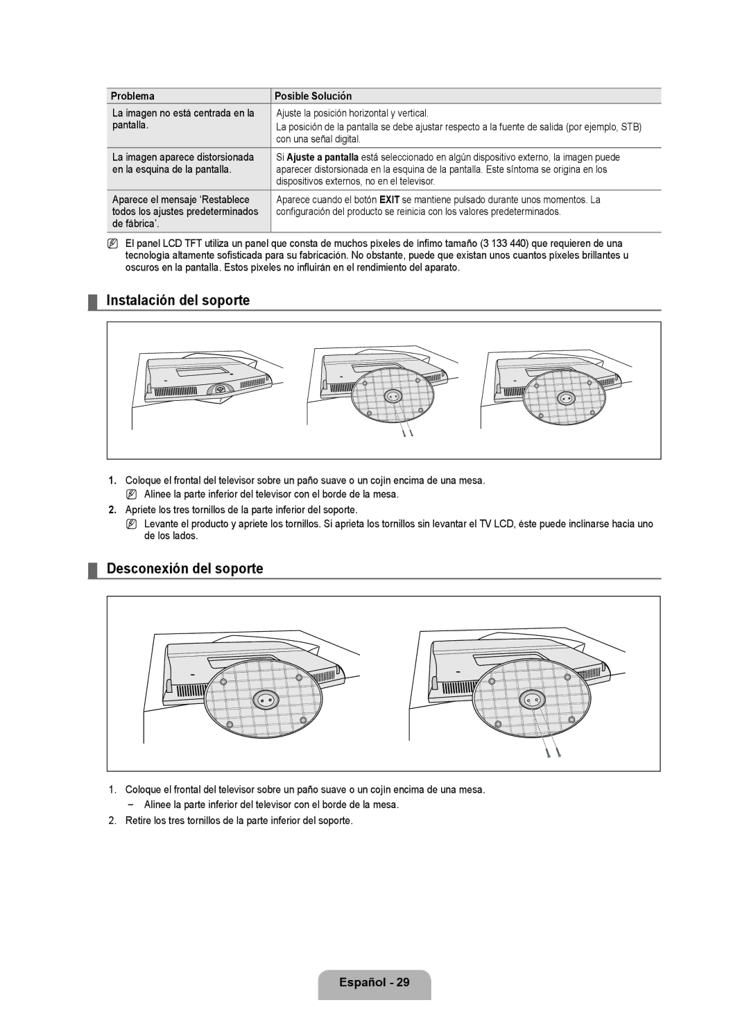 Samsung 350 user manual Instalación del soporte, Desconexión del soporte 