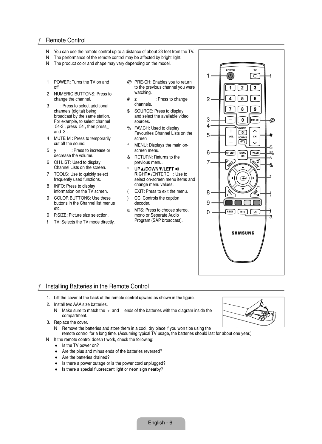 Samsung 350 user manual Installing Batteries in the Remote Control, Numeric Buttons Press to change the channel 