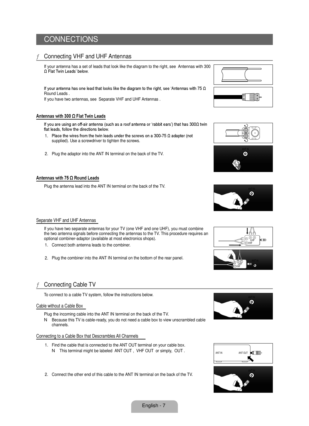 Samsung 350 user manual Connections, Connecting VHF and UHF Antennas, Connecting Cable TV 